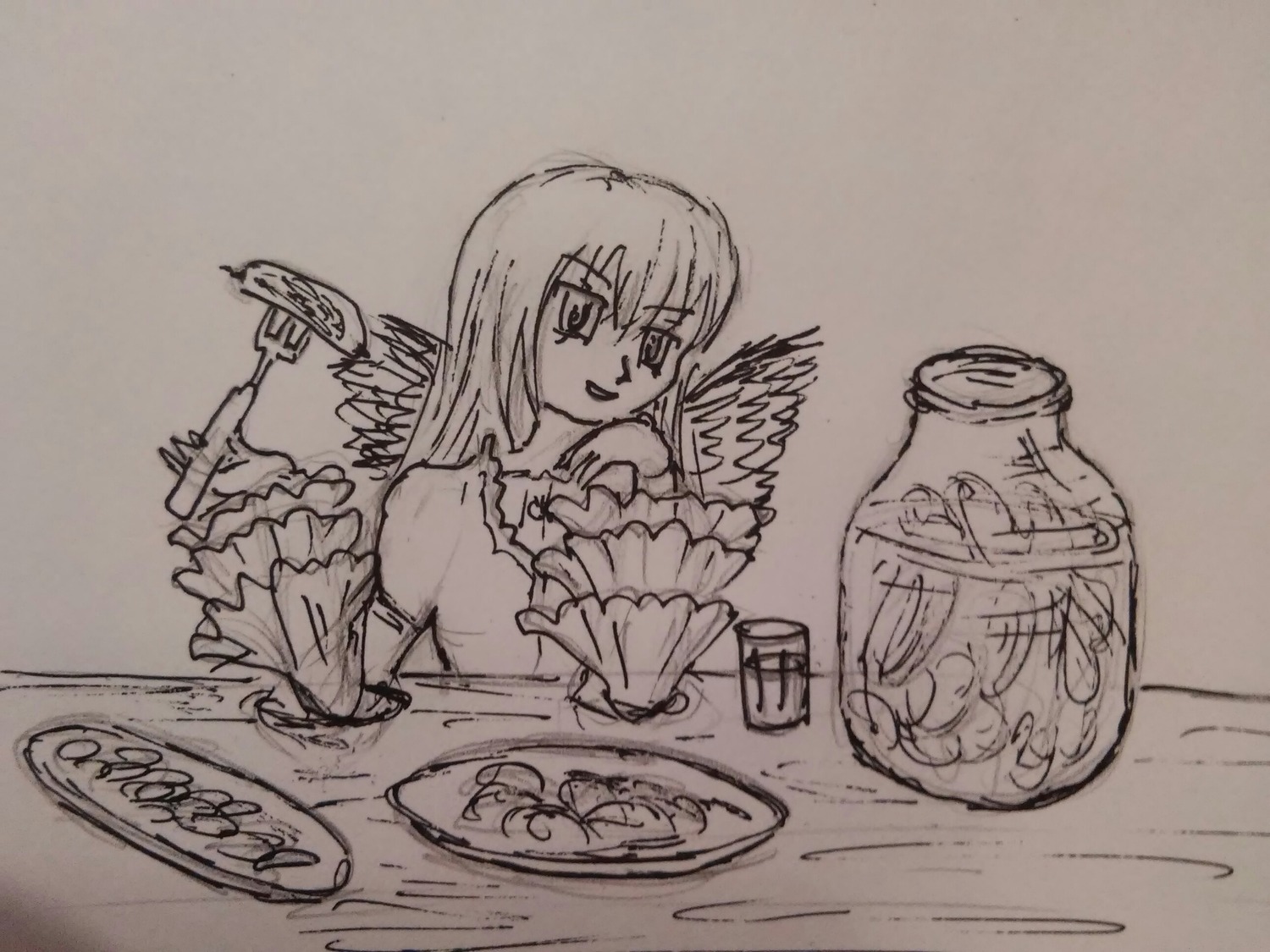 1girl bangs closed_mouth dress eyebrows_visible_through_hair feathered_wings food image long_hair long_sleeves monochrome photo plate solo suigintou table wide_sleeves wings