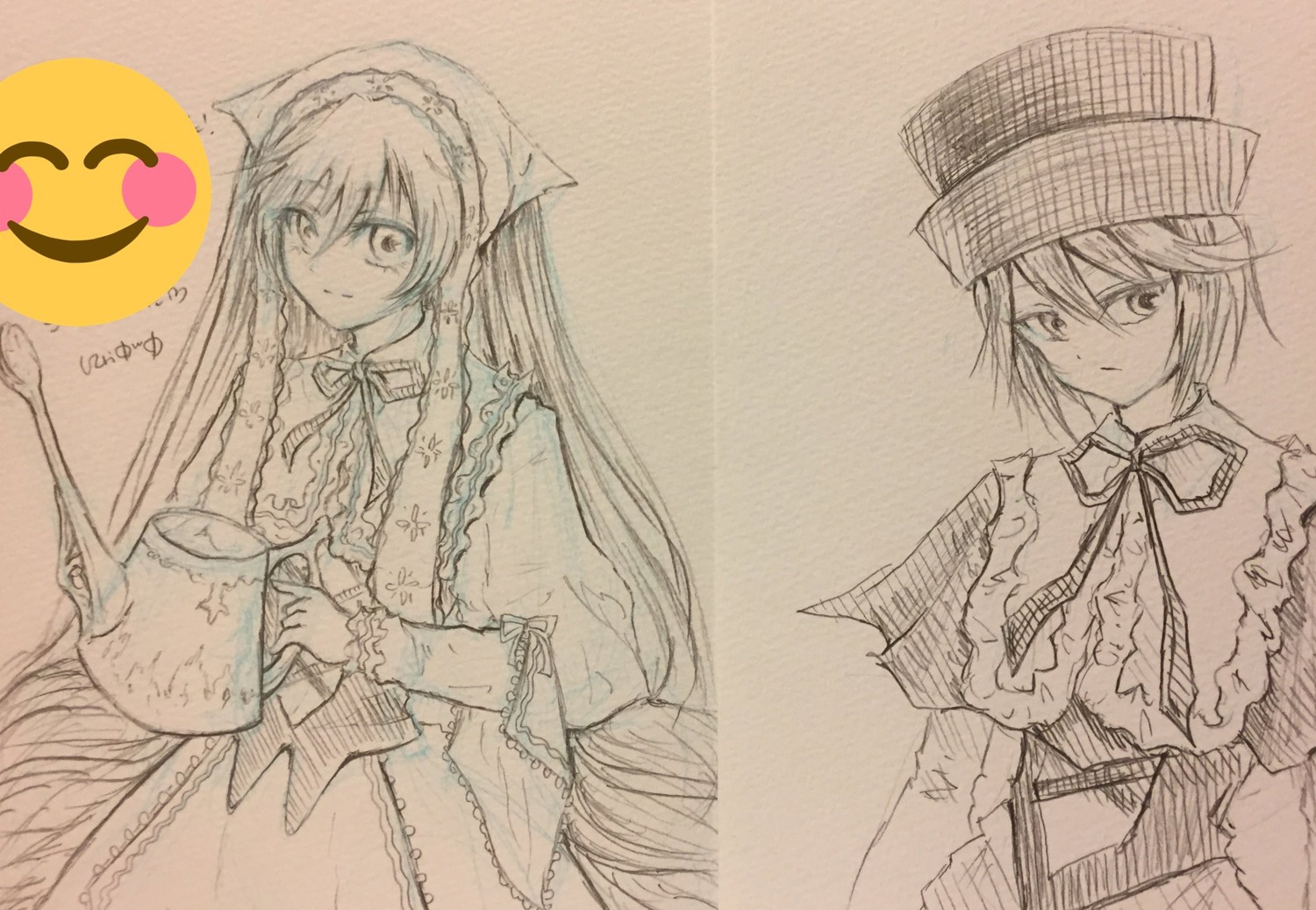 2girls capelet dress frills hat holding image long_hair long_sleeves looking_at_viewer monochrome multiple_girls neck_ribbon pair ribbon short_hair smile souseiseki suiseiseki very_long_hair