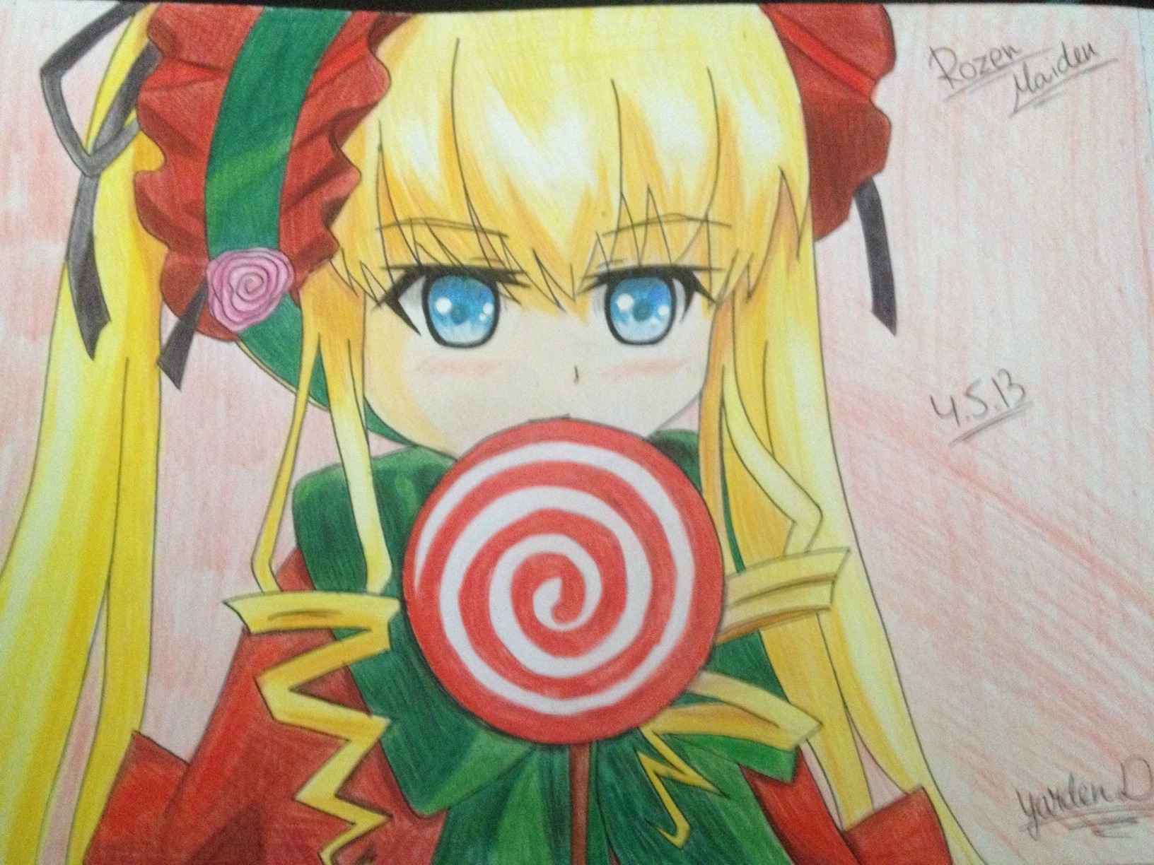 1girl artist_name blonde_hair blue_eyes bow candy food image lollipop long_hair looking_at_viewer marker_(medium) millipen_(medium) photo pink_rose rose shikishi shinku signature simple_background solo traditional_media