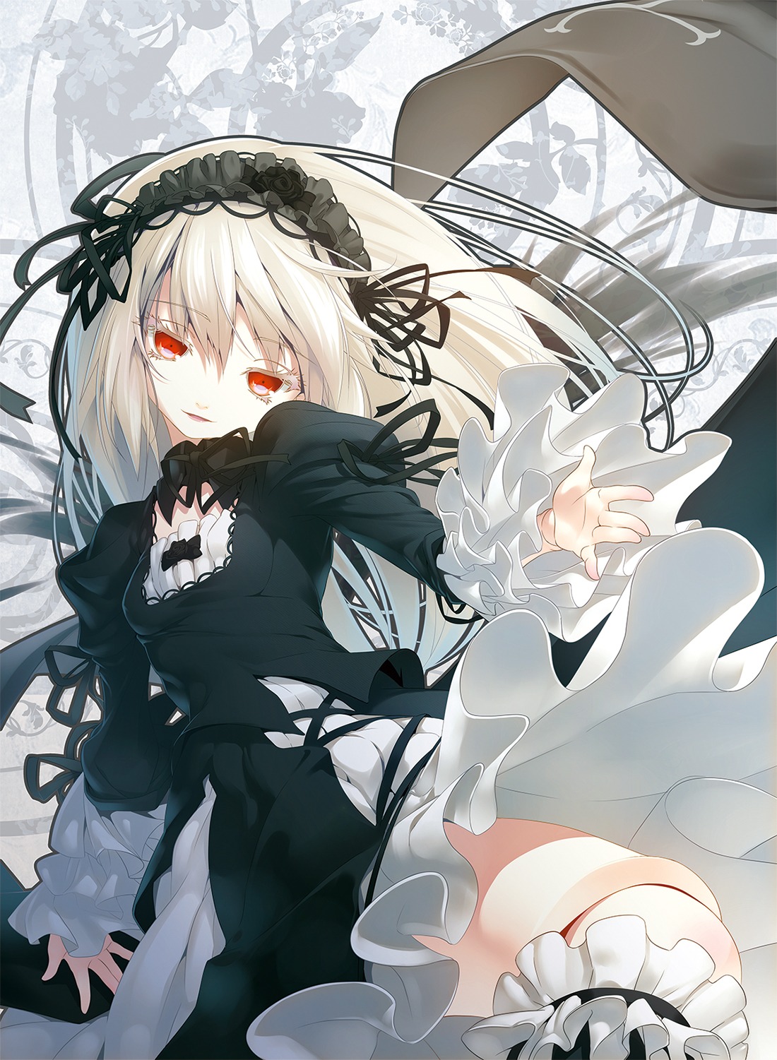 1girl black_ribbon breasts commentary_request doll_joints dress frills hairband highres image joints lolita_fashion lolita_hairband long_hair long_sleeves looking_at_viewer nilitsu puffy_sleeves red_eyes ribbon rozen_maiden silver_hair smile solo suigintou thighhighs wings
