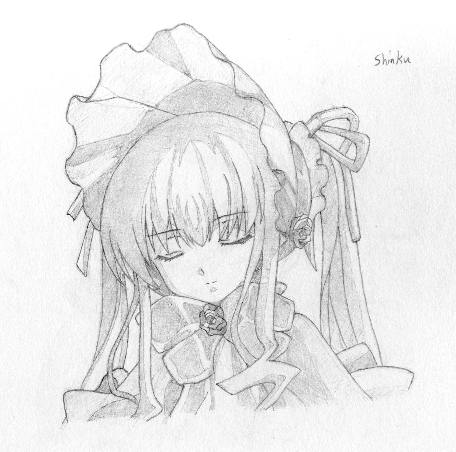 1girl bonnet bow bowtie closed_eyes flower greyscale hat image long_hair monochrome ribbon shinku sidelocks simple_background solo traditional_media upper_body