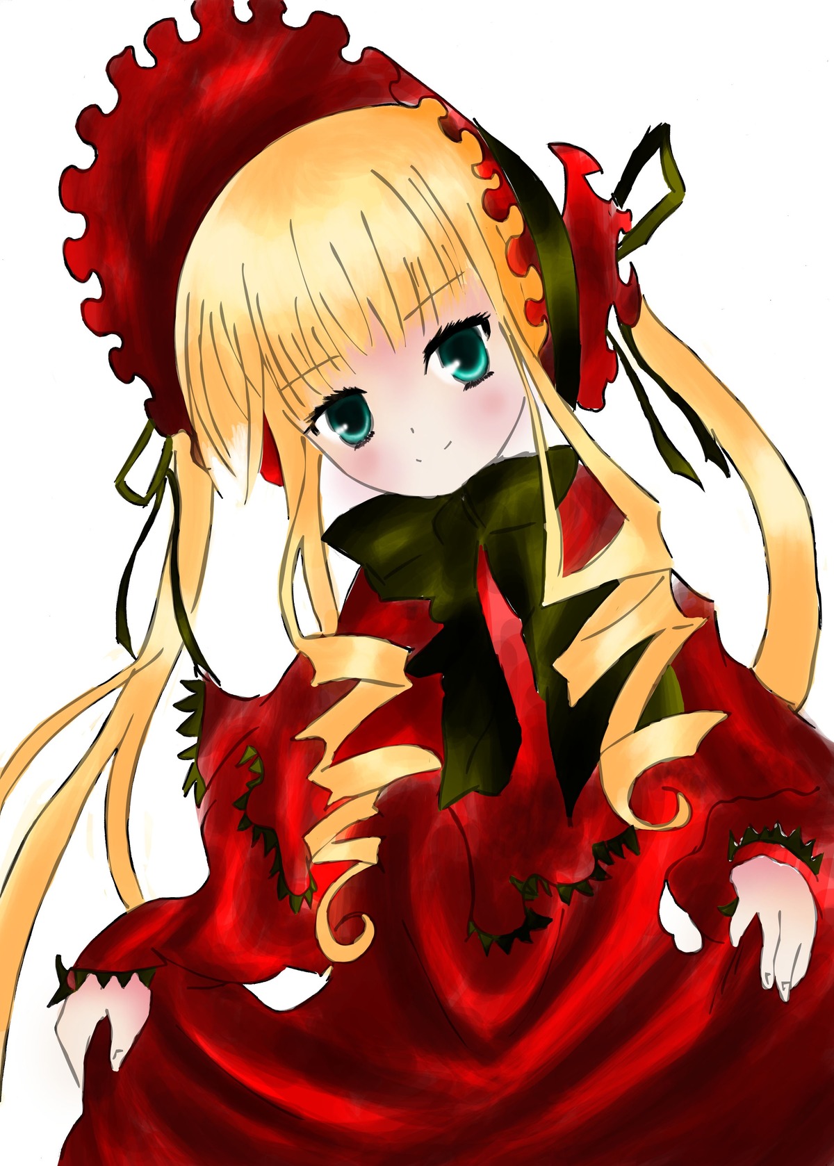 1girl blonde_hair blush bonnet bow bowtie dress drill_hair frills image long_hair long_sleeves looking_at_viewer red_dress shinku sidelocks simple_background solo standing twintails white_background