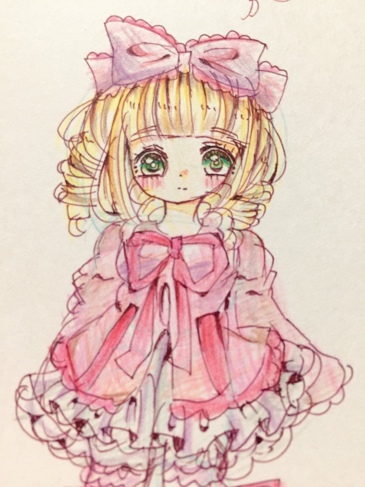 1girl blonde_hair blush bow dress drill_hair eyebrows_visible_through_hair frills green_eyes hair_bow hina_ichigo hinaichigo image long_sleeves looking_at_viewer pink_bow pink_dress ribbon short_hair simple_background smile solo traditional_media