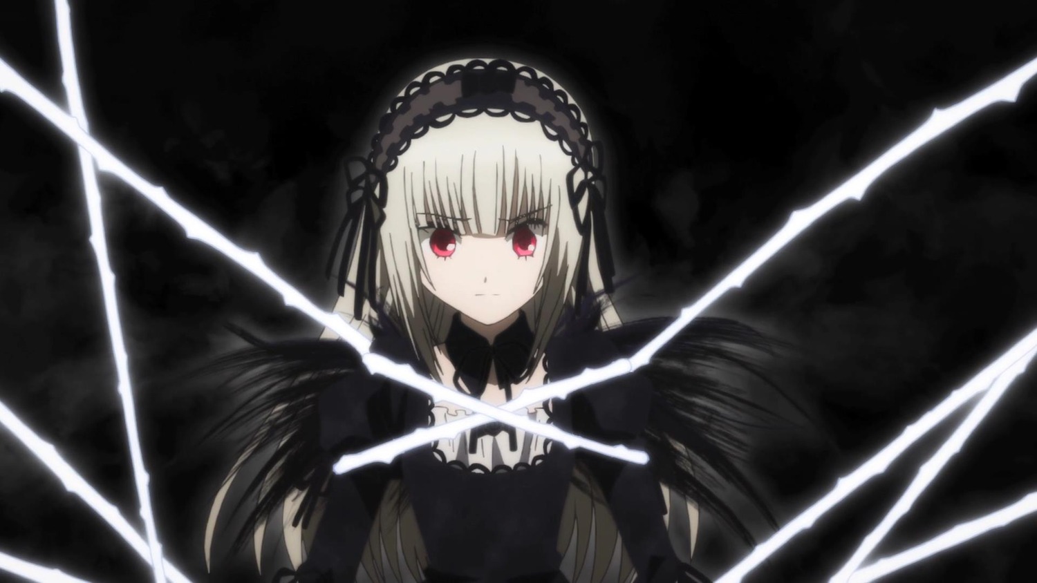 1girl bangs black_background black_dress black_ribbon black_wings closed_mouth detached_collar dress flower hairband holding holding_weapon image long_hair long_sleeves looking_at_viewer red_eyes ribbon rose silver_hair solo suigintou sword weapon wings