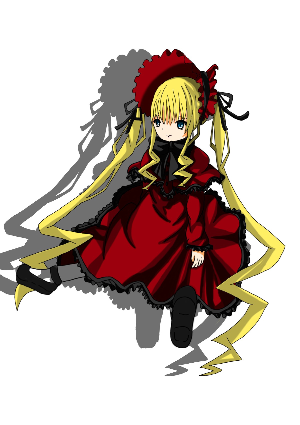 1girl blonde_hair blue_eyes bonnet bow bowtie dress full_body image long_hair long_sleeves looking_at_viewer red_dress shinku shoes sitting solo twintails very_long_hair