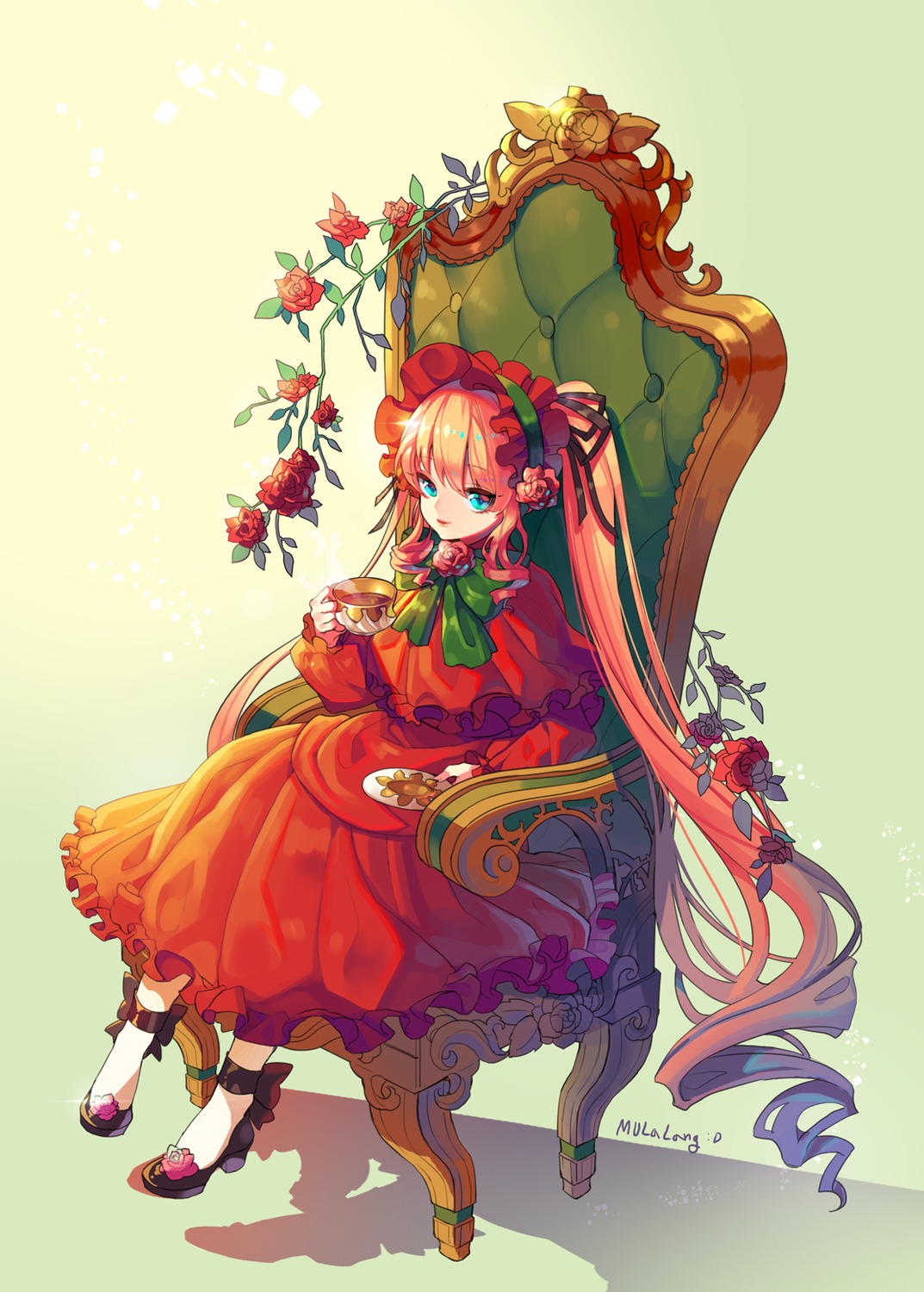 1girl absurdly_long_hair bangs blonde_hair blue_eyes bonnet bow capelet cup dress drill_hair flower food frills full_body green_neckwear holding image long_hair long_sleeves looking_at_viewer red_capelet red_dress red_flower red_rose rose shinku sitting solo teacup very_long_hair yellow_background