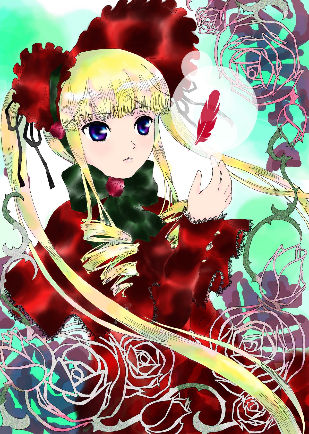 1girl blonde_hair blue_eyes bonnet bow dress drill_hair flower green_bow image long_hair long_sleeves looking_at_viewer red_dress rose shinku solo twin_drills twintails