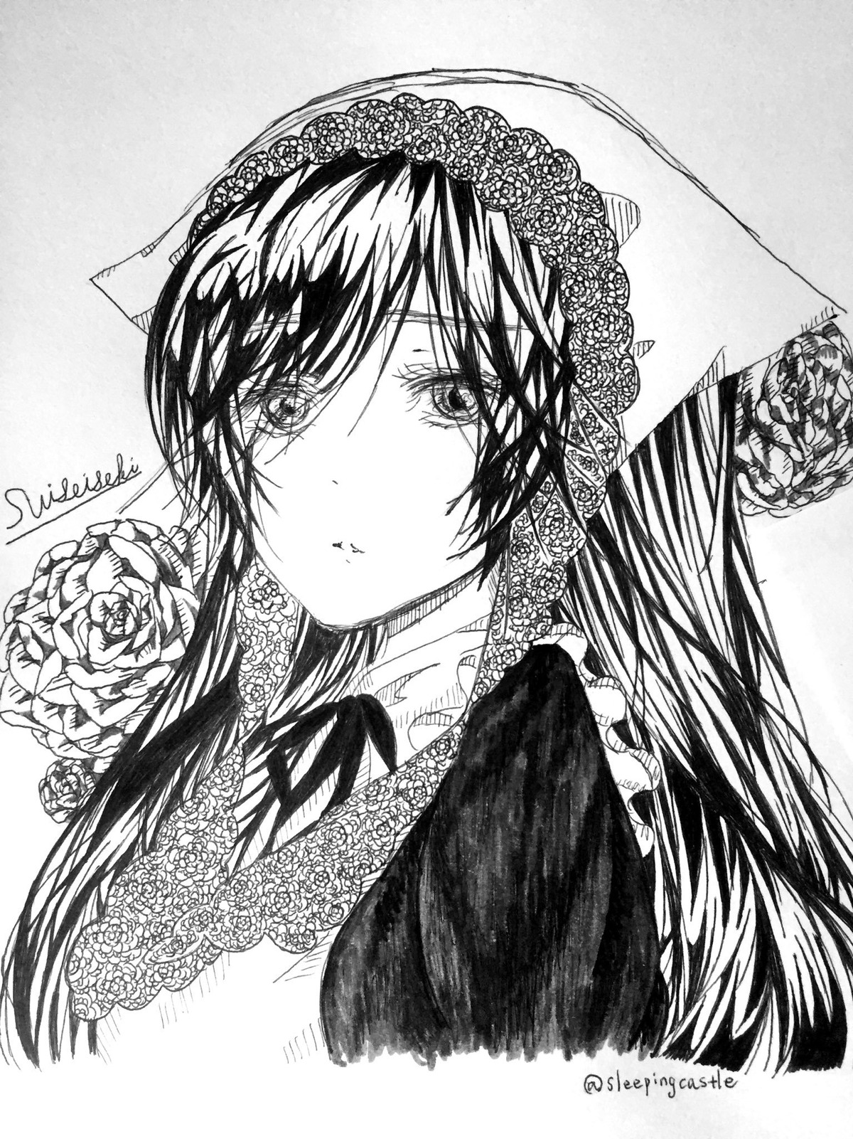 1girl bouquet closed_mouth flower greyscale head_scarf image lace long_hair looking_at_viewer monochrome rose solo suiseiseki traditional_media upper_body