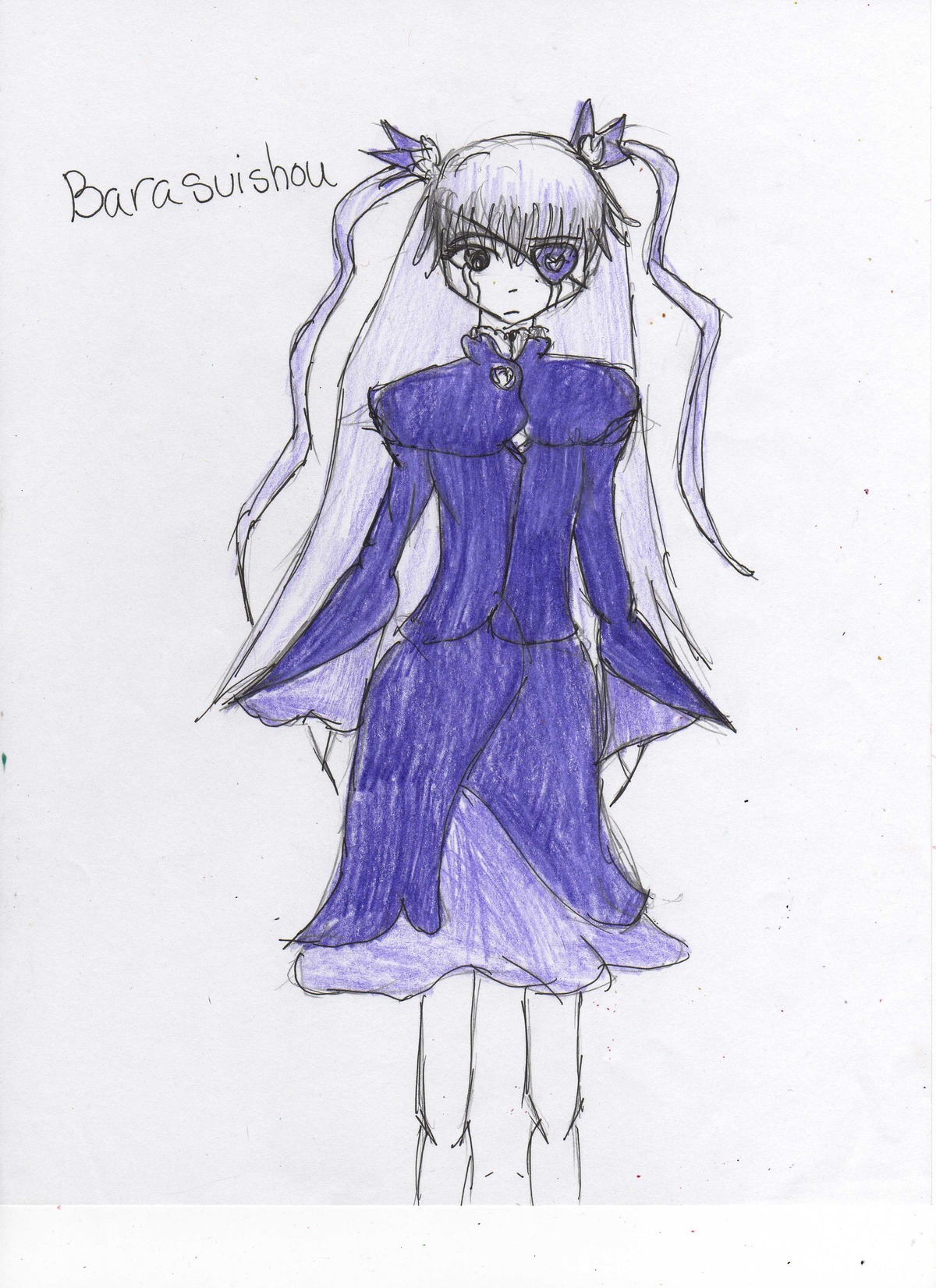 1girl barasuishou capelet dress expressionless full_body hair_ribbon image long_hair long_sleeves looking_at_viewer ribbon solo standing traditional_media twintails