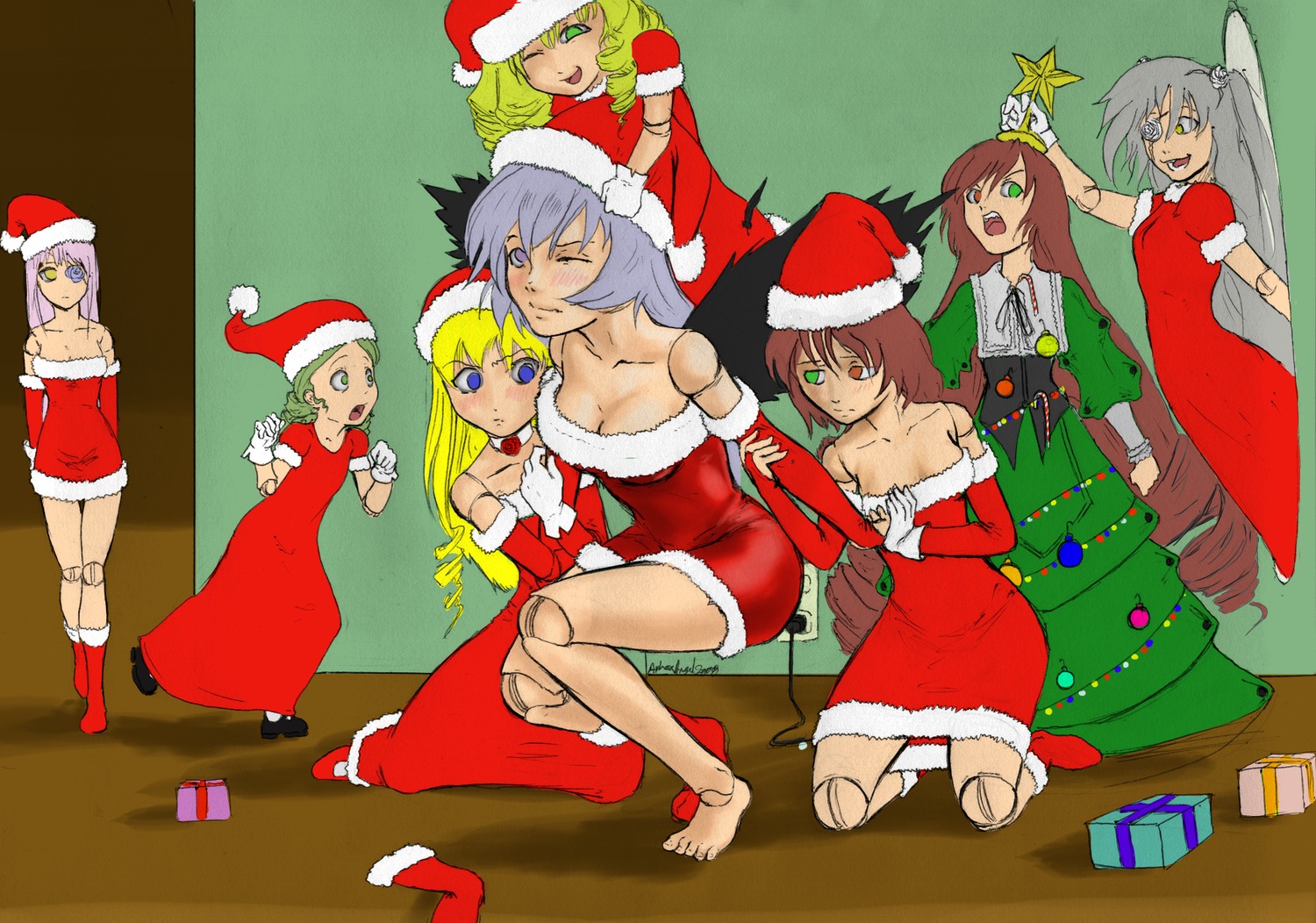 6+girls blonde_hair brown_hair cake christmas christmas_tree cleavage gift green_eyes hat image long_hair multiple multiple_girls red_gloves sack santa_boots santa_costume santa_hat short_hair silver_hair tagme yellow_eyes