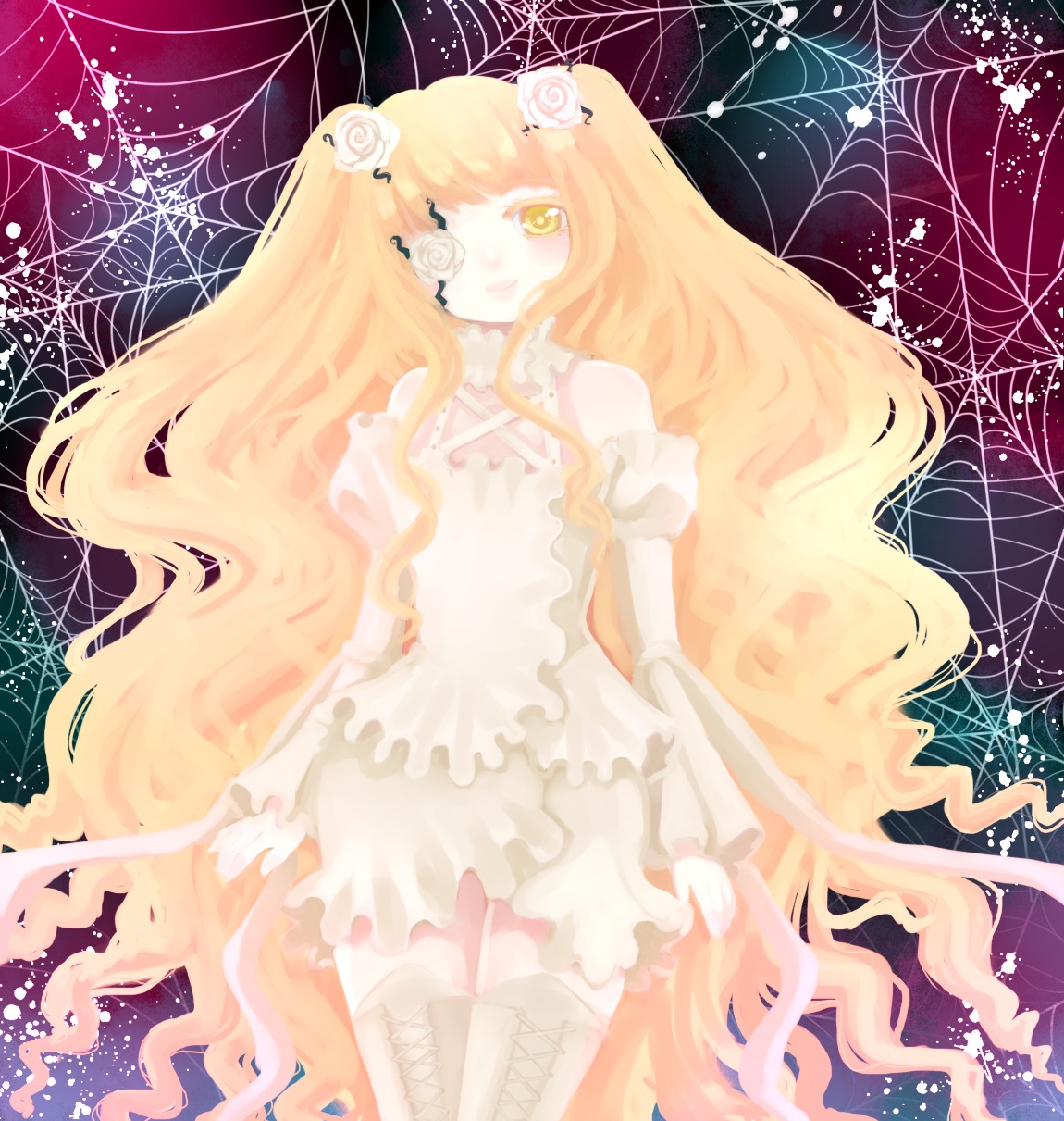 1girl blonde_hair dress eyepatch flower frills hair_flower hair_ornament image kirakishou long_hair pink_rose rose silk solo spider_web thorns umbrella very_long_hair vines white_flower white_rose yellow_eyes