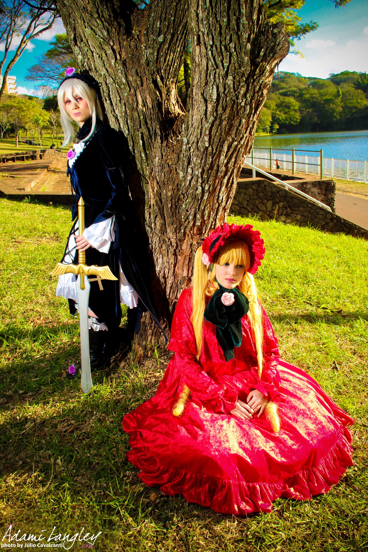 2girls blonde_hair day dress field flower grass long_sleeves multiple_cosplay multiple_girls outdoors red_eyes shinku silver_hair sitting sky tagme tree