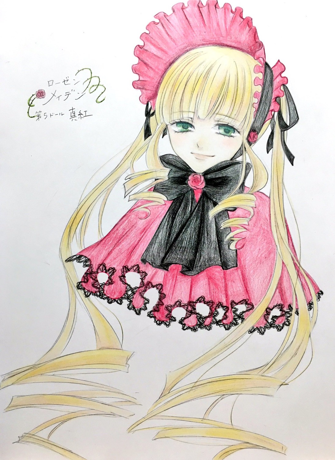 1girl bangs blonde_hair bonnet bow bowtie dress flower green_eyes image long_hair long_sleeves looking_at_viewer rose shinku simple_background smile solo traditional_media twintails white_background