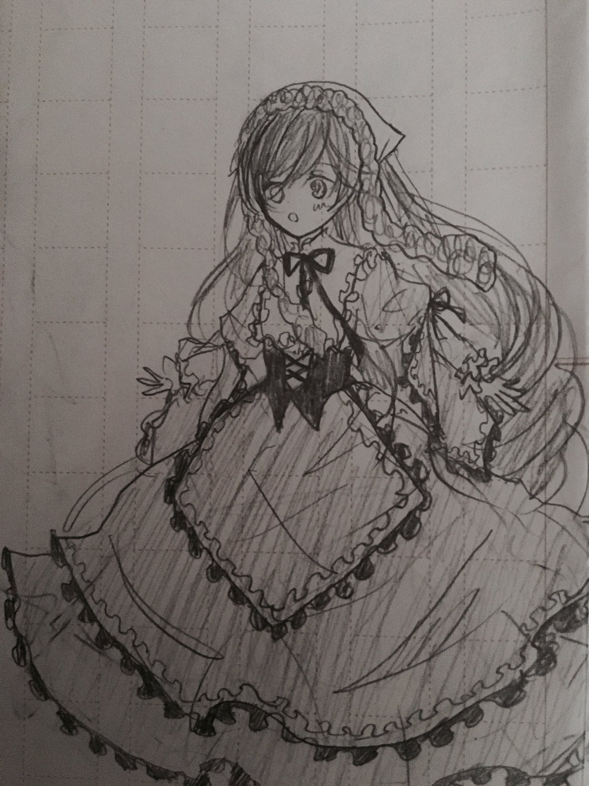 1girl braid dress frills greyscale image juliet_sleeves long_hair long_sleeves looking_at_viewer monochrome solo suiseiseki traditional_media very_long_hair