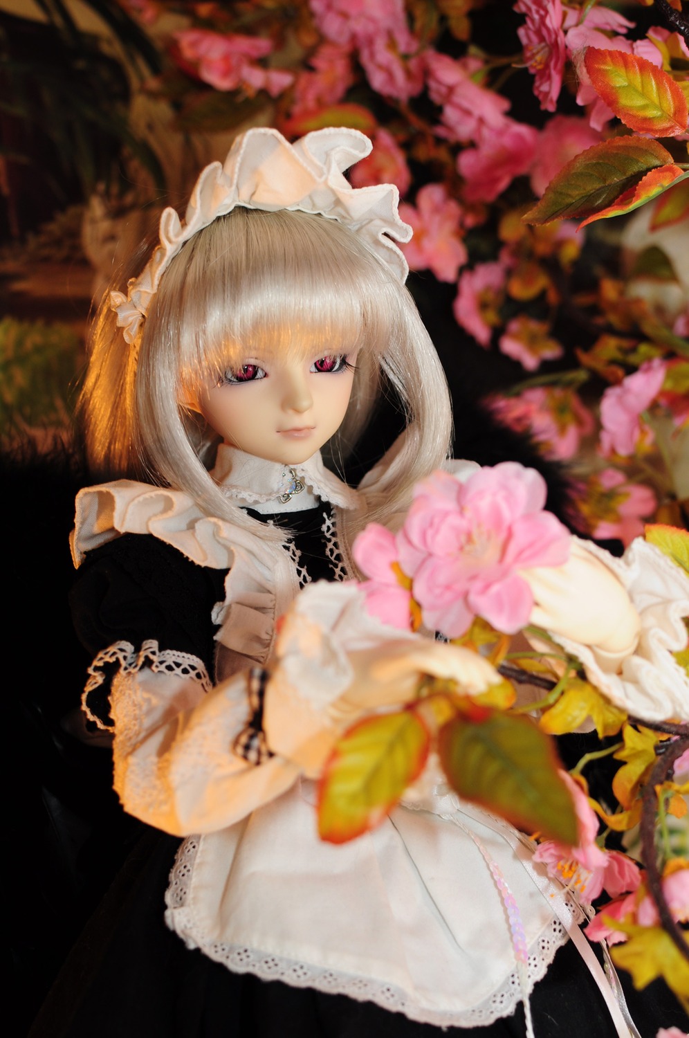 1girl bangs blurry blurry_background blurry_foreground closed_mouth depth_of_field doll flower frills holding long_sleeves looking_at_viewer maid_headdress photo red_eyes solo suigintou upper_body