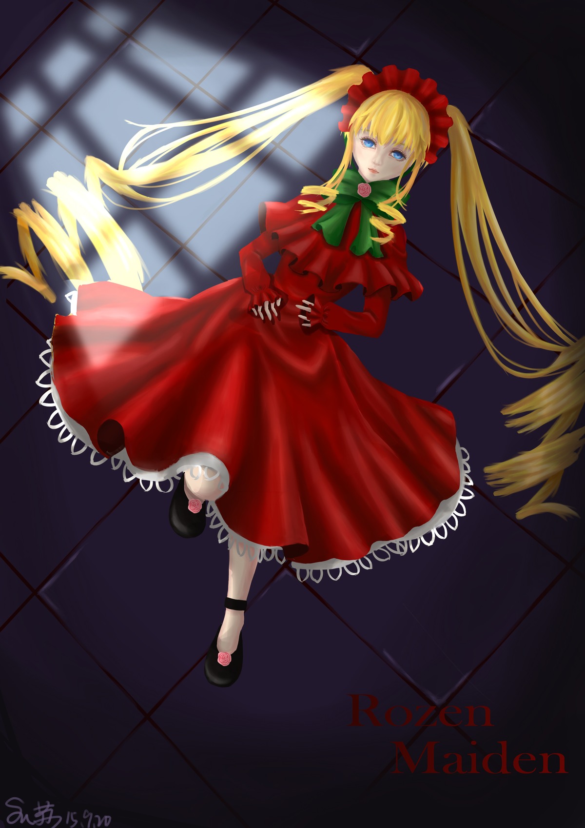 1girl blonde_hair blue_eyes bow capelet dress full_body image long_hair looking_at_viewer red_dress shinku shoes solo twintails