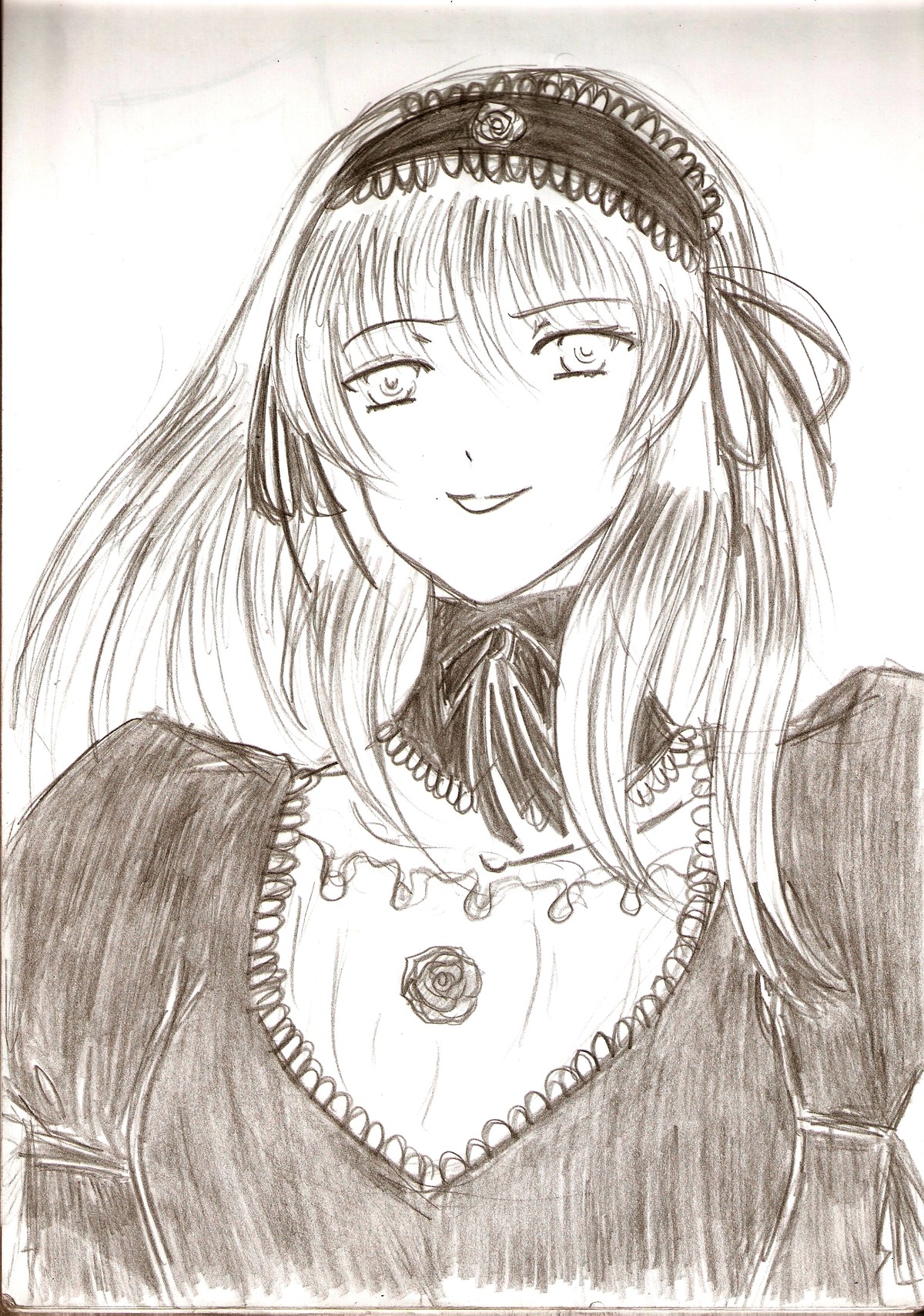 1girl blush dress greyscale hairband image long_hair long_sleeves looking_at_viewer monochrome rose simple_background smile solo suigintou traditional_media upper_body