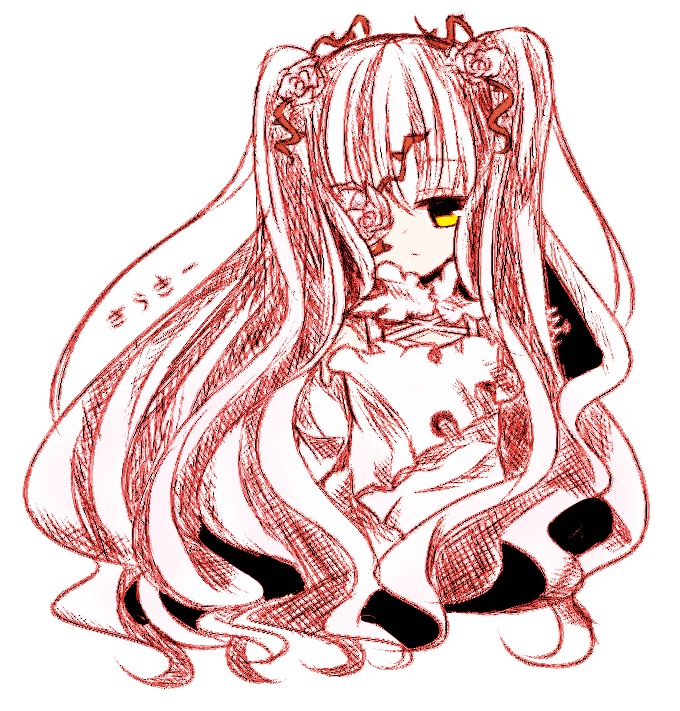 1girl dress eyepatch hair_ornament image kirakishou long_hair looking_at_viewer monochrome simple_background solo two_side_up white_background