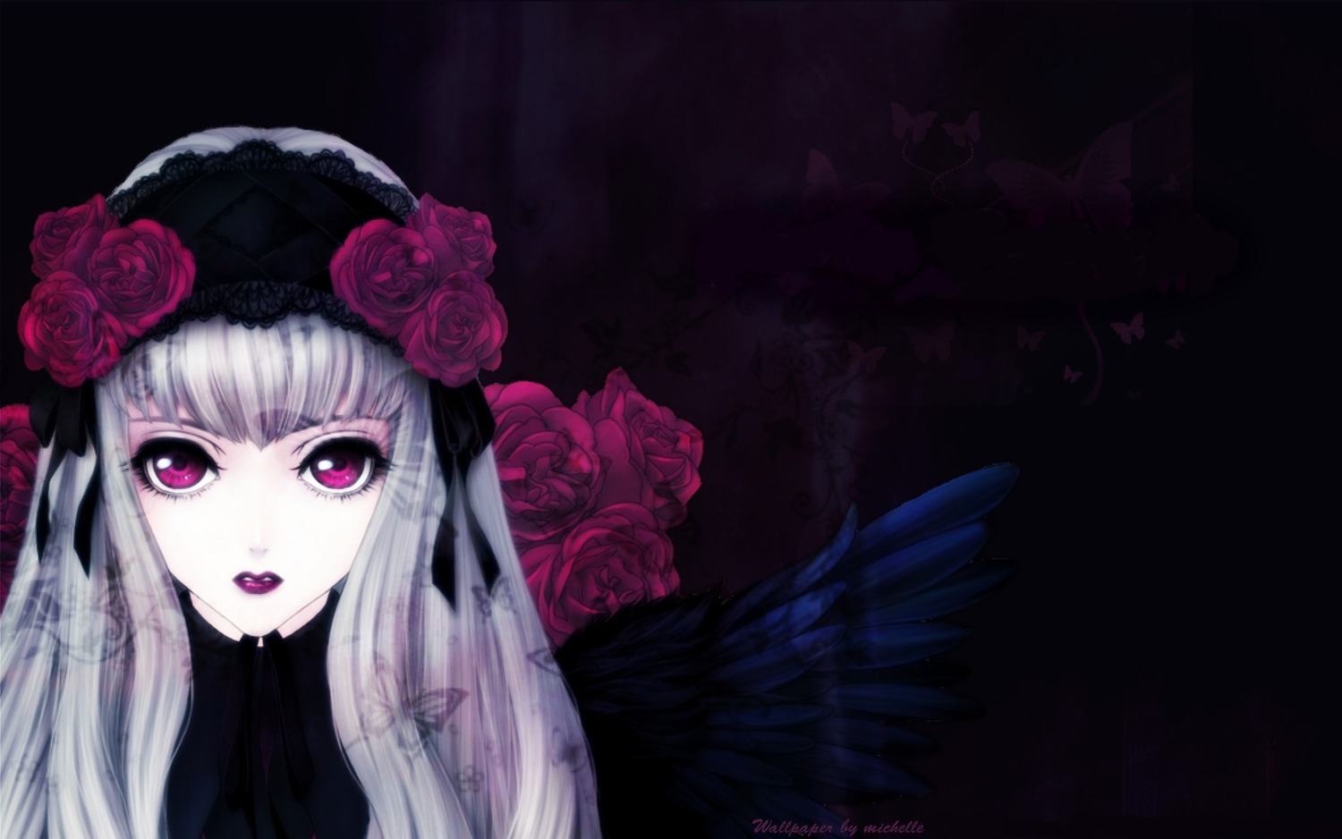 1girl flower image long_hair looking_at_viewer pink_rose purple_rose red_flower red_rose rose silver_hair solo suigintou wings