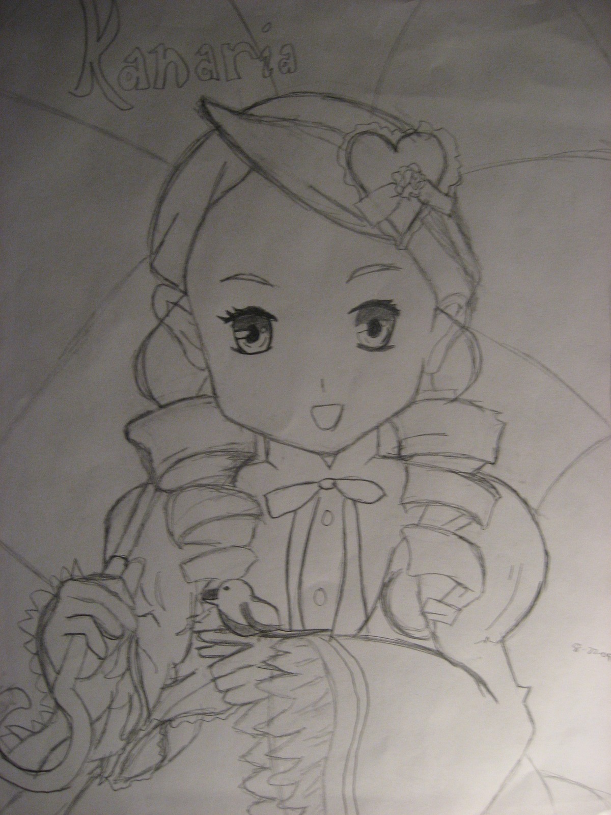 1girl :d beret bow dress drill_hair graphite_(medium) hat image kanaria long_sleeves looking_at_viewer monochrome open_mouth photo smile solo tomoe_mami traditional_media twin_drills twintails upper_body