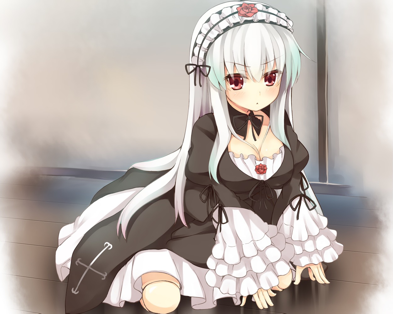 1girl blush breasts cleavage doll_joints dress flower frills gothic_lolita hairband image juliet_sleeves large_breasts lolita_fashion lolita_hairband long_hair long_sleeves looking_at_viewer medium_breasts red_eyes red_flower red_rose ribbon rose silver_hair sitting solo suigintou very_long_hair wooden_floor