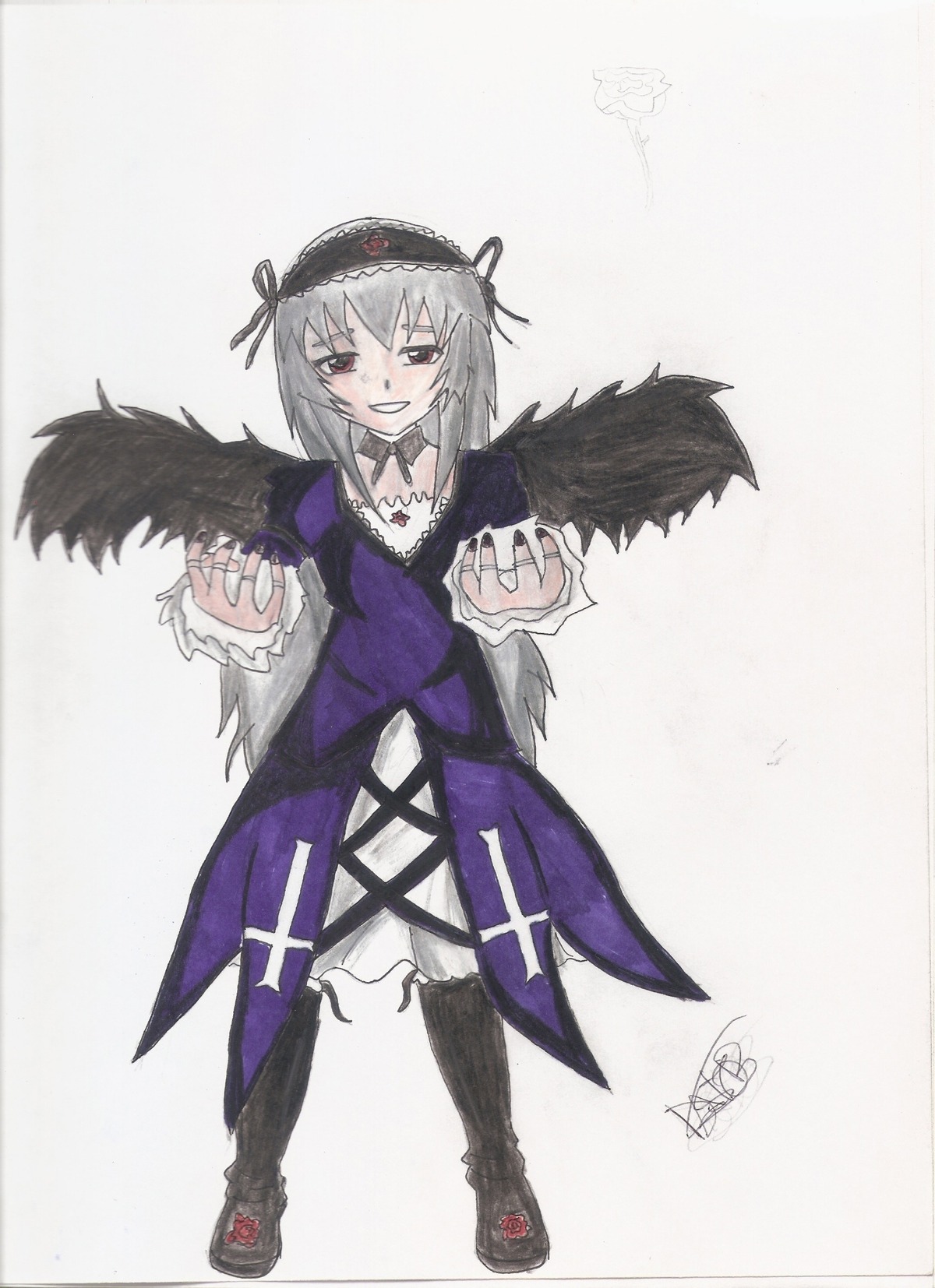 1girl black_wings dress frills full_body image long_hair long_sleeves looking_at_viewer signature silver_hair solo suigintou wings