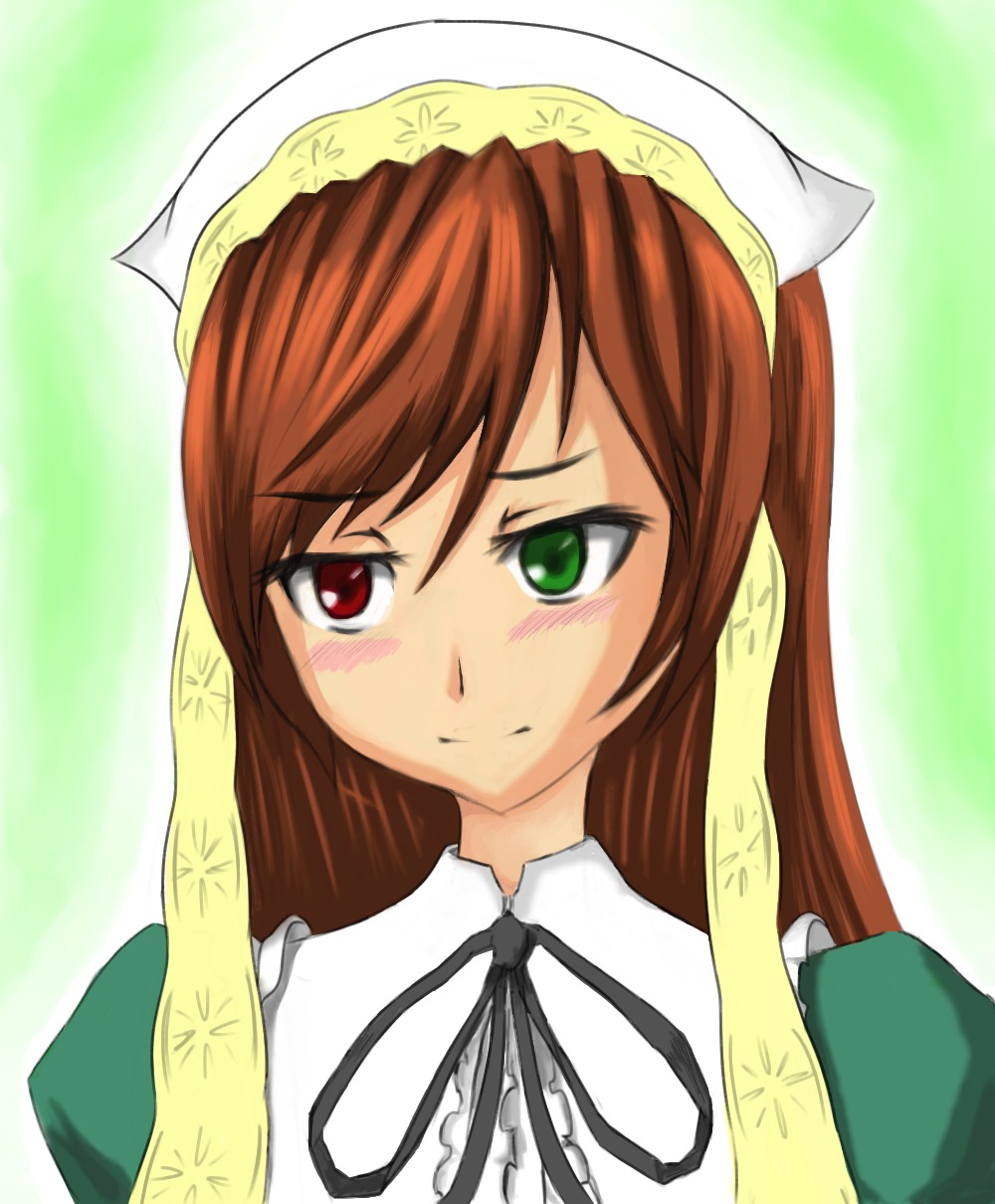 1girl auto_tagged blush brown_hair dress green_background green_eyes head_scarf heterochromia image long_hair long_sleeves looking_at_viewer red_eyes ribbon solo suiseiseki upper_body