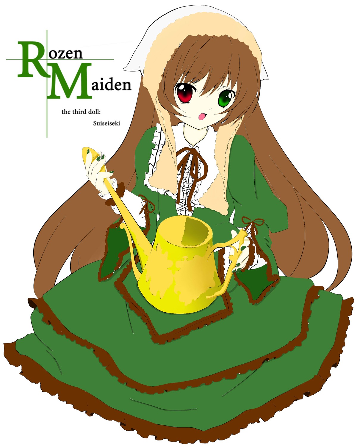 1girl :o brown_hair dress frills green_dress green_eyes heterochromia image long_hair long_sleeves looking_at_viewer open_mouth red_eyes simple_background solo suiseiseki very_long_hair watering_can white_background