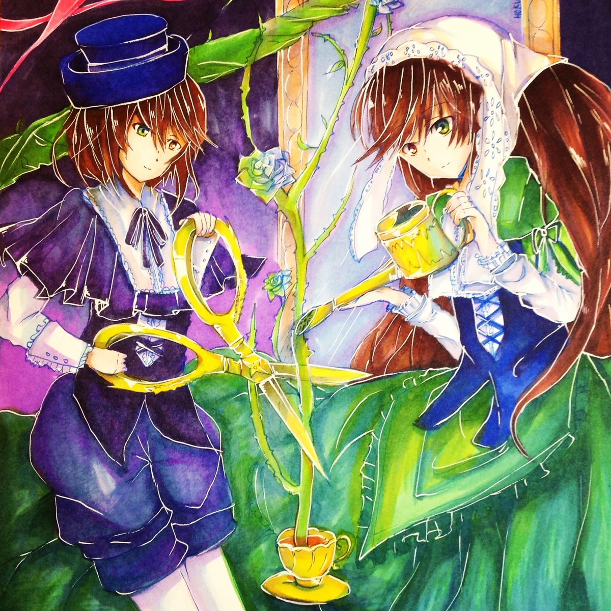 blue_dress brown_hair capelet dress flower hat image pair short_hair siblings sisters smile souseiseki suiseiseki twins