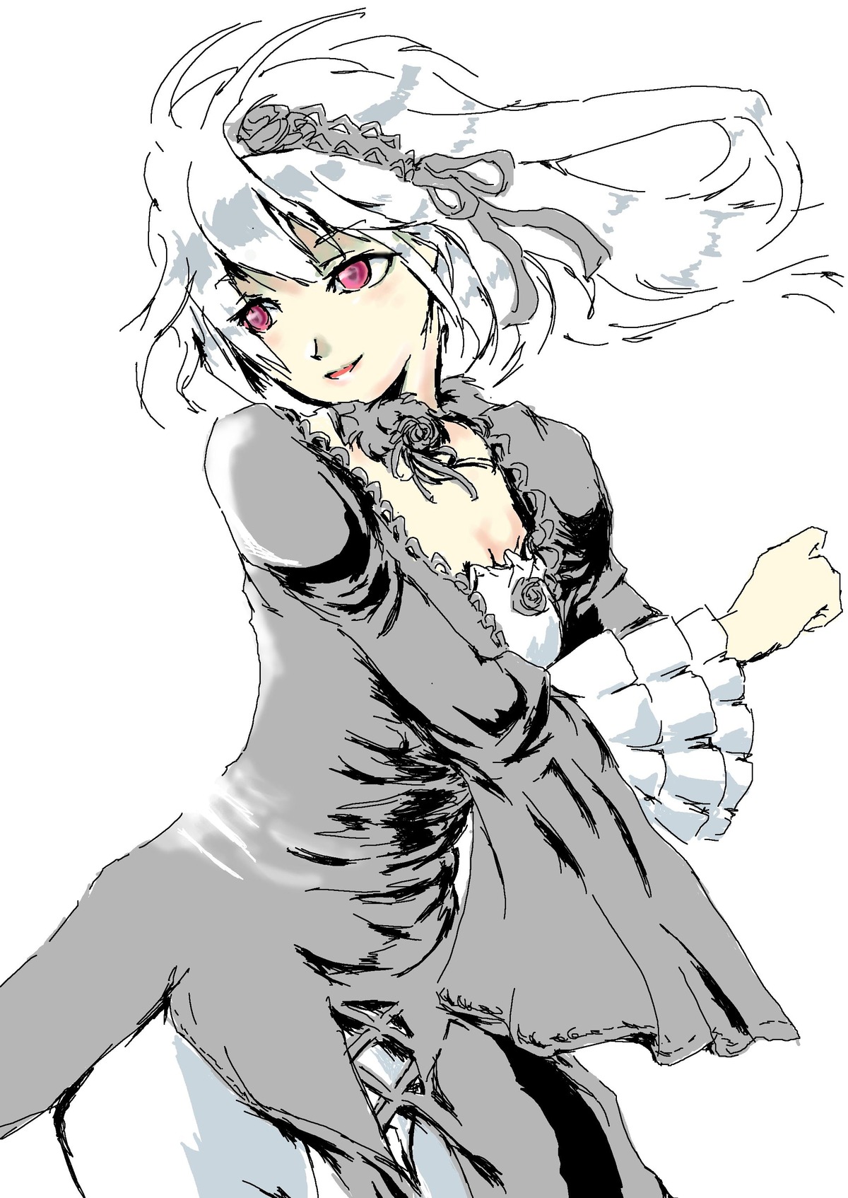 1girl breasts cleavage dress image long_sleeves looking_at_viewer puffy_sleeves red_eyes simple_background smile solo suigintou white_background