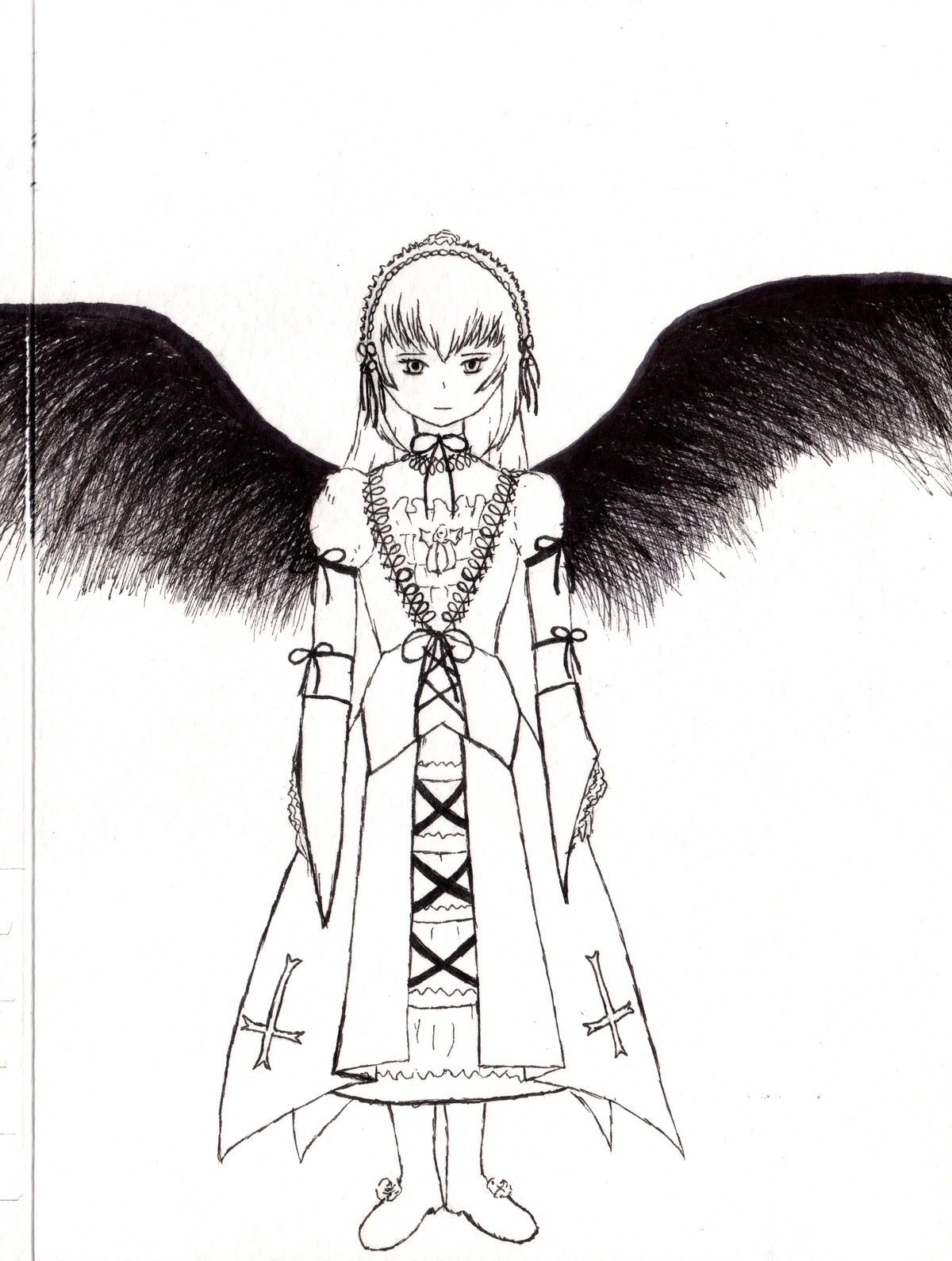 1girl bangs boots closed_mouth dress full_body greyscale hairband image long_sleeves looking_at_viewer monochrome ribbon solo standing suigintou white_background wings