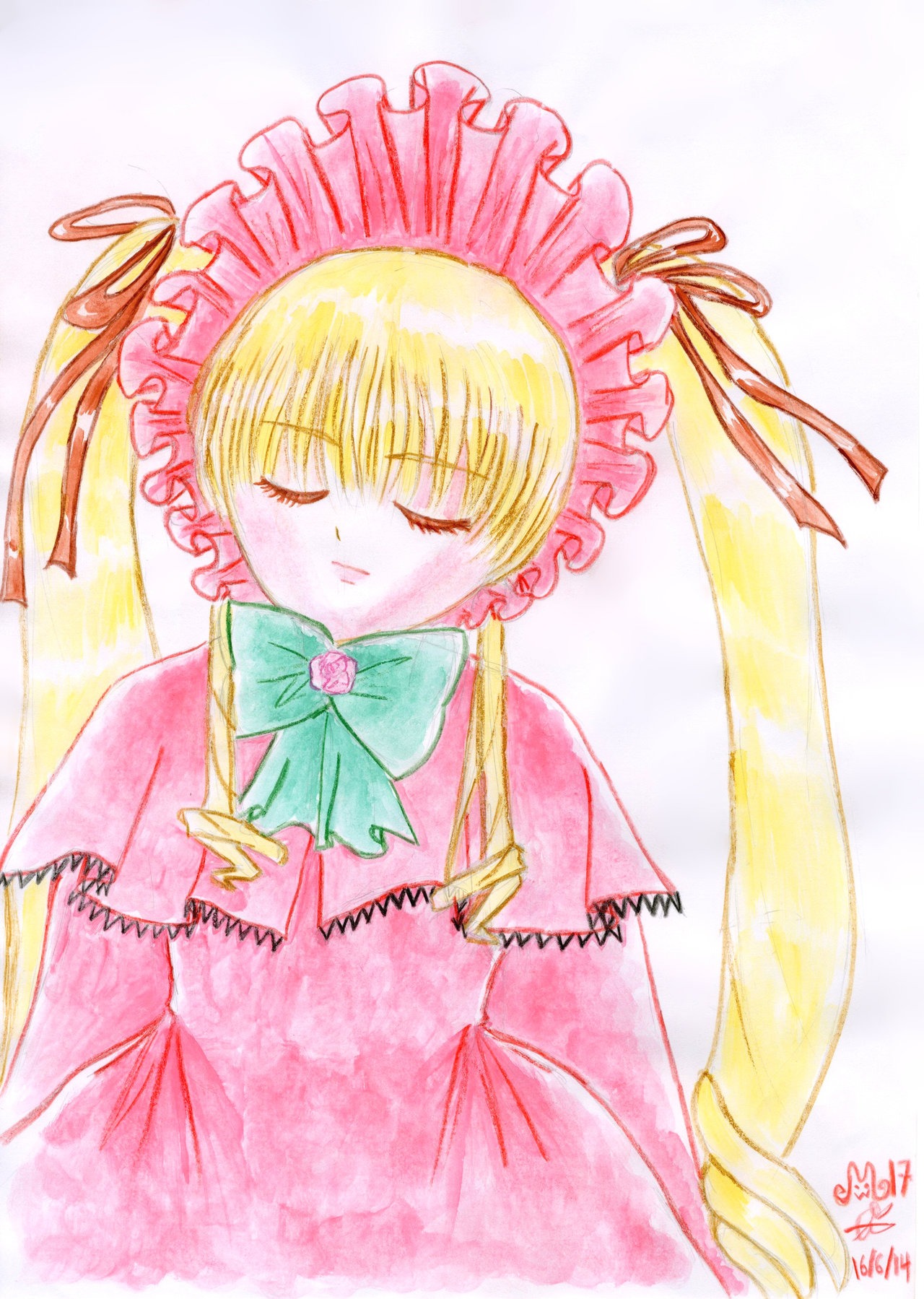 1girl artist_name blonde_hair bonnet bow bowtie closed_eyes dated dress frills hair_ribbon image long_hair long_sleeves pink_dress ribbon shinku signature solo traditional_media twin_drills twintails upper_body