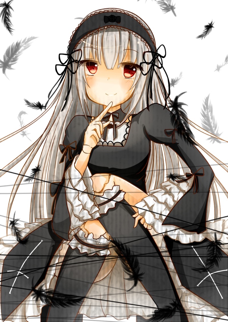 1girl bangs black_dress black_feathers black_wings blush closed_mouth dress eyebrows_visible_through_hair feathers frills hairband image long_hair long_sleeves looking_at_viewer red_eyes ribbon silver_hair smile solo suigintou very_long_hair white_background wings