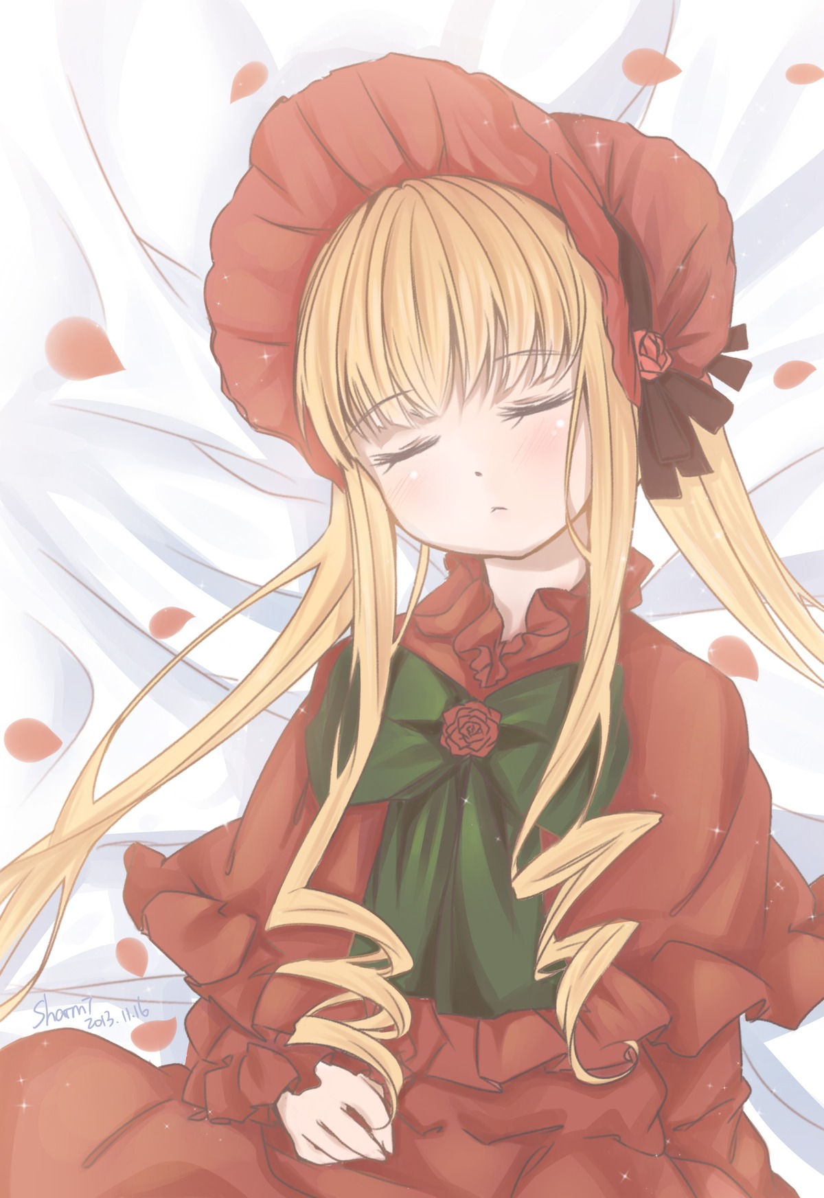 1girl blonde_hair blush bonnet bow bowtie capelet closed_eyes dress flower hat image long_hair long_sleeves lying on_back petals red_capelet red_dress red_flower rose rose_petals shinku sidelocks solo twintails