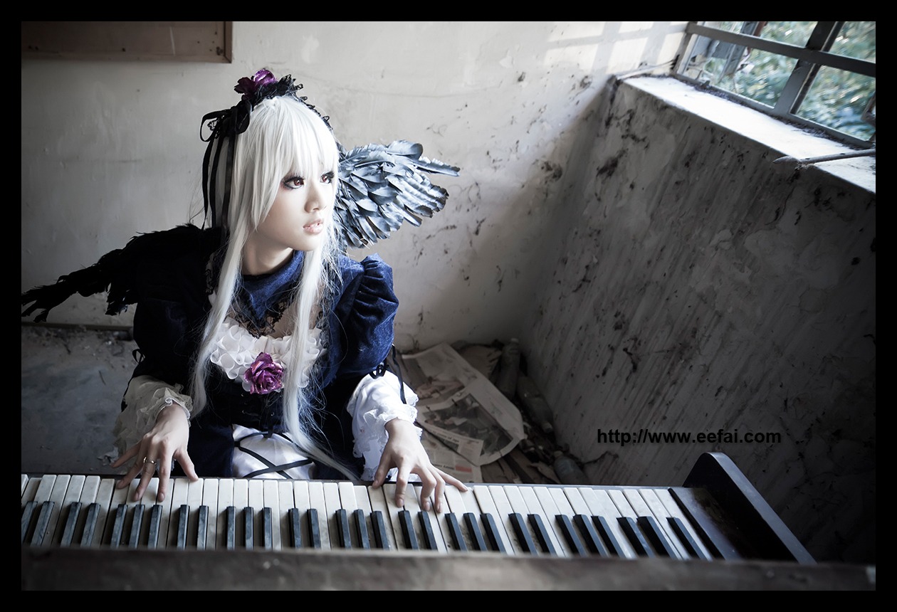 1girl bass_guitar bow_(instrument) dress electric_guitar flower guitar hair_ornament instrument keyboard_(instrument) letterboxed long_hair music nail_polish piano playing_instrument plectrum rose sheet_music silver_hair solo suigintou violin white_hair