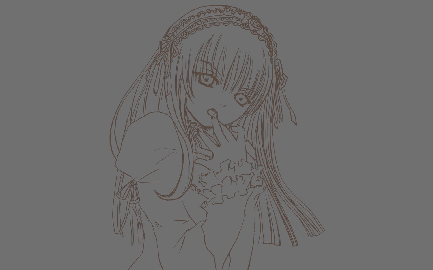 1girl dress eyebrows_visible_through_hair grey_background greyscale hairband hand_to_own_mouth image juliet_sleeves lolita_hairband long_hair long_sleeves looking_at_viewer monochrome open_mouth simple_background solo suigintou tongue upper_body
