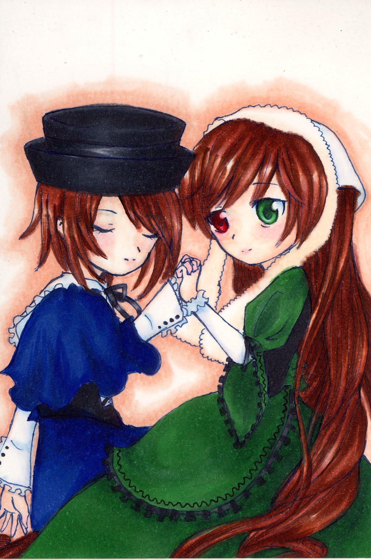 2girls blue_dress brown_hair closed_eyes dress green_dress green_eyes hat head_scarf heterochromia holding_hands image long_hair long_sleeves multiple_girls pair red_eyes short_hair siblings sisters souseiseki suiseiseki twins very_long_hair