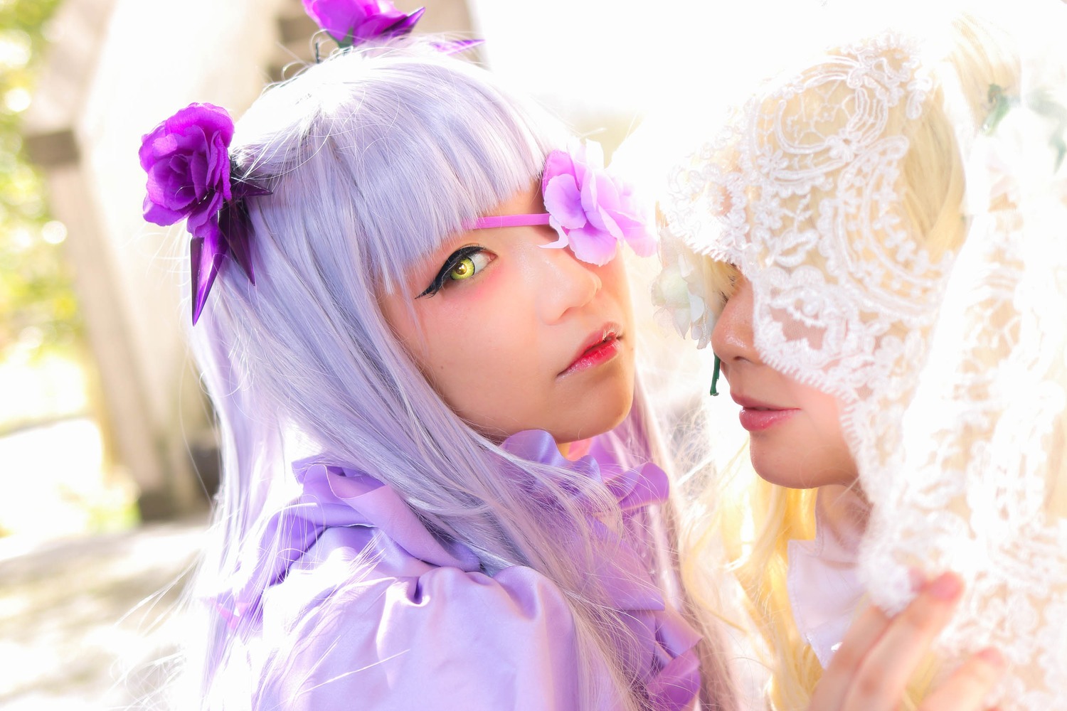 1girl 91076 bangs blurry eyelashes flower hair_flower hair_ornament lips lipstick long_hair looking_at_viewer makeup multiple_cosplay nail_polish purple_flower purple_nails purple_rose tagme yellow_eyes