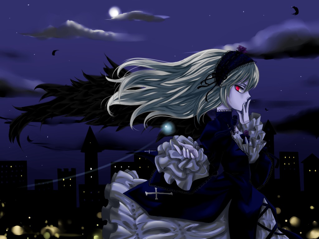 1girl dress feathers floating_hair flower frilled_sleeves frills gothic_lolita hairband image lolita_hairband long_hair long_sleeves moon night red_eyes rose silver_hair sky solo star_(sky) starry_sky suigintou very_long_hair wings