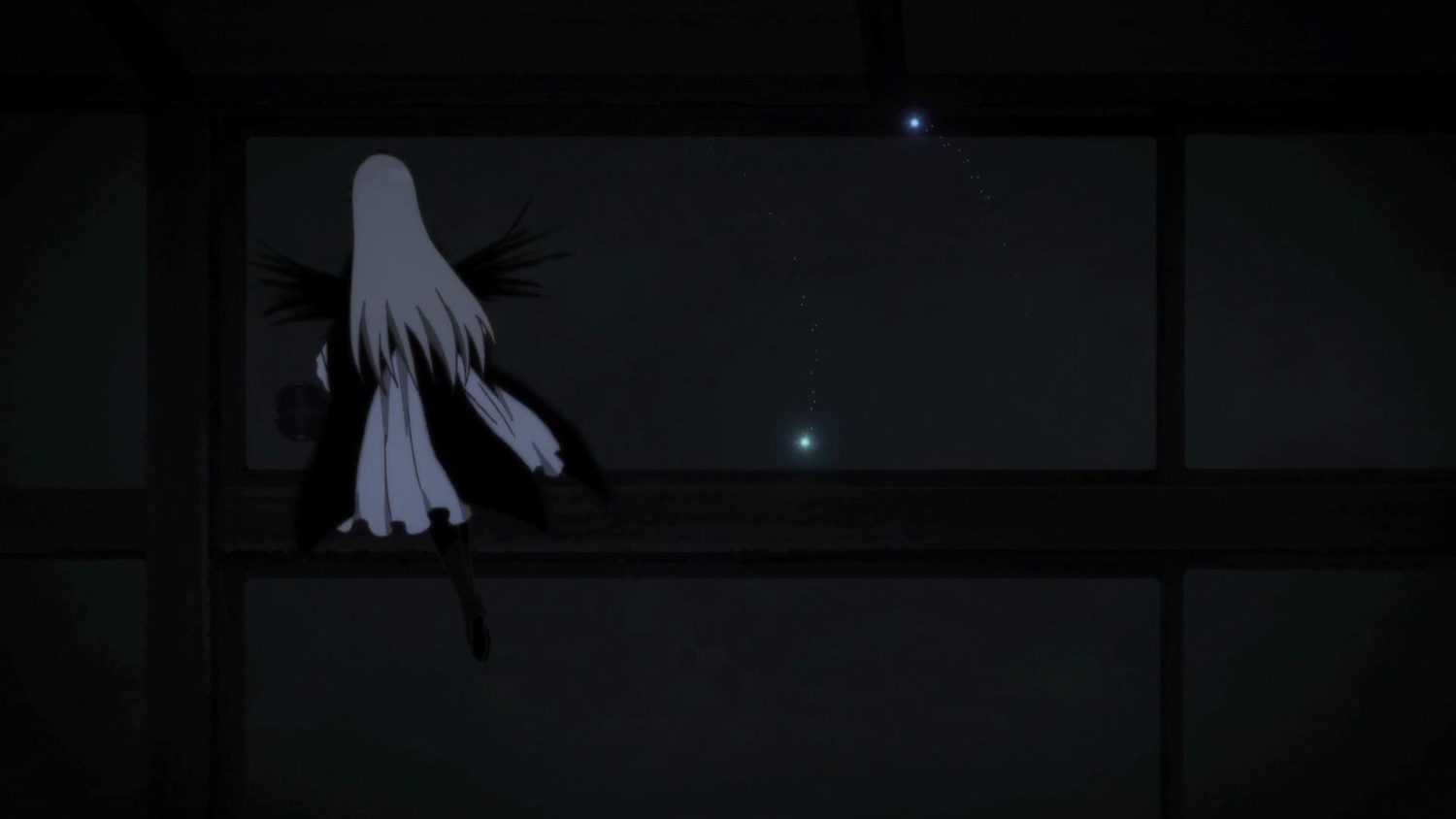 1girl angel_wings dark dress image indoors long_hair night sky solo standing suigintou white_dress window wings