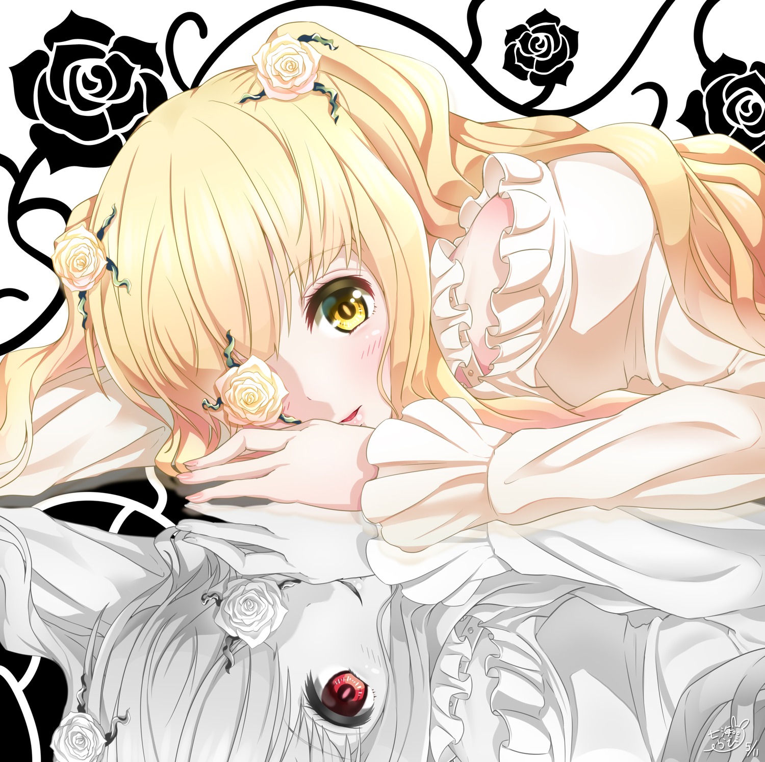 2girls black_flower black_rose blonde_hair blue_rose dress eyepatch flower green_flower hair_flower hair_ornament image kirakishou long_hair looking_at_viewer multiple_girls pink_rose purple_rose red_eyes rose solo thorns twintails vines white_flower white_rose yellow_eyes yellow_flower yellow_rose