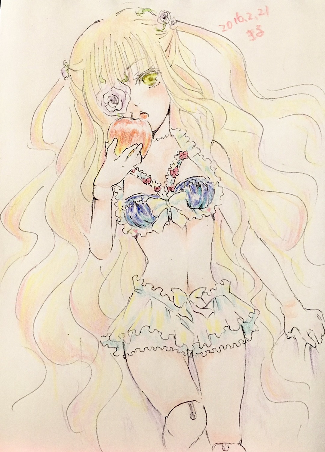 1girl apple blonde_hair bloomers flower food fruit hair_ornament holding_food holding_fruit image jewelry kirakishou lingerie long_hair midriff navel necklace solo traditional_media underwear very_long_hair watercolor_(medium) wavy_hair yellow_eyes