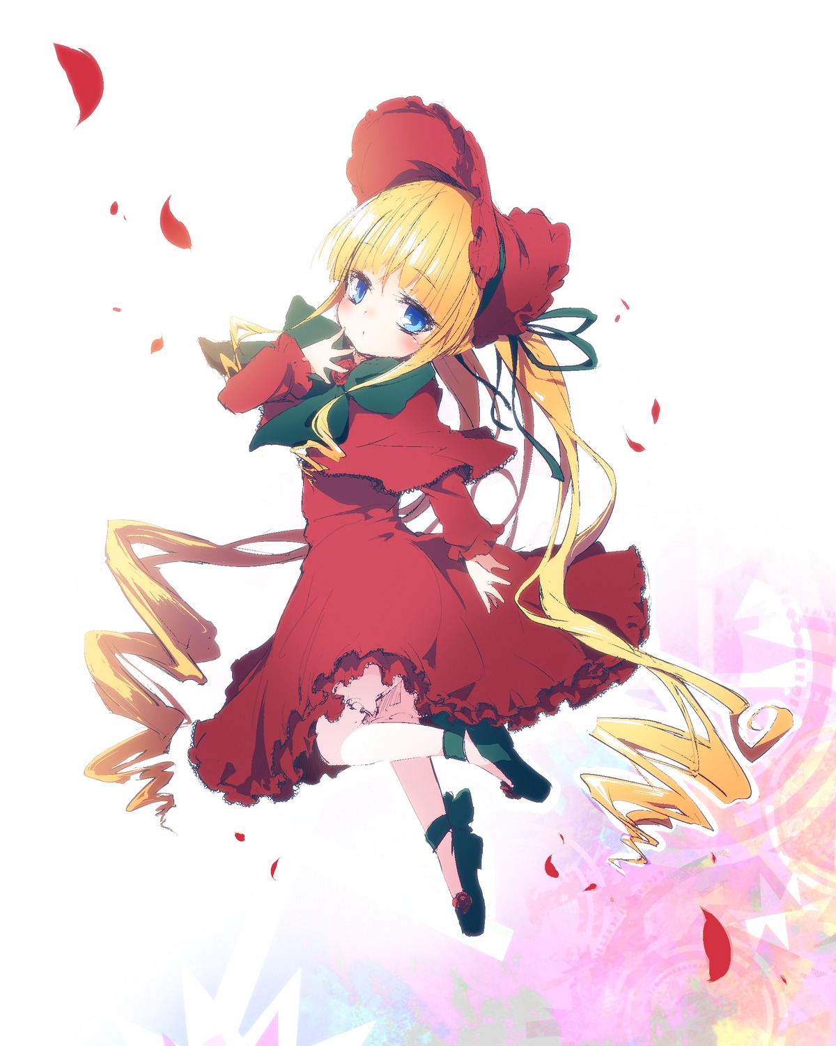 1girl blonde_hair blue_eyes blush bonnet bow bowtie capelet dress drill_hair flower full_body image long_hair long_sleeves looking_at_viewer looking_back petals red_dress rose_petals shinku shoes solo twin_drills twintails very_long_hair