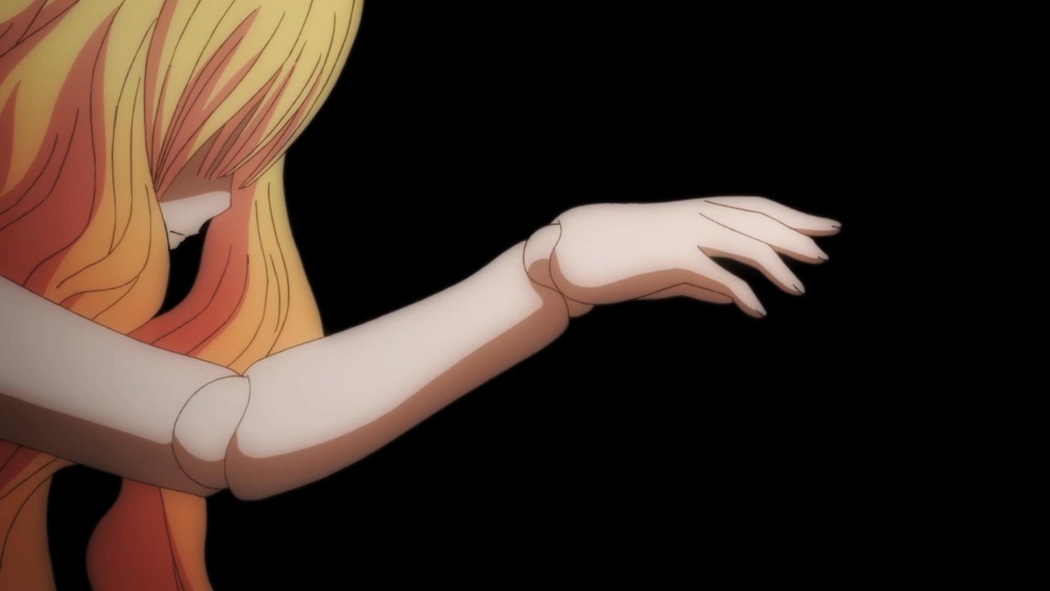 1girl black_background blonde_hair doll_joints hair_over_eyes image joints kirakishou long_hair simple_background solo upper_body