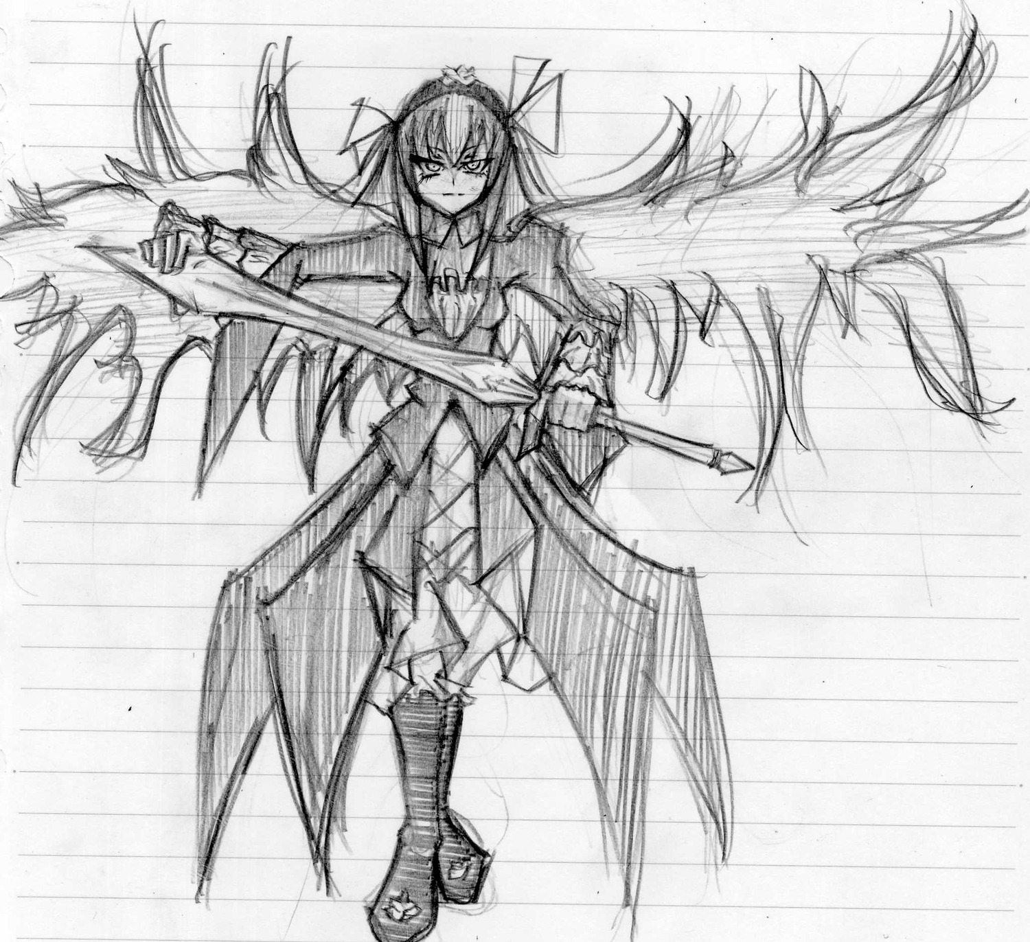 1girl boots bow_(weapon) dress full_body graphite_(medium) greyscale image long_hair monochrome sketch solo suigintou traditional_media weapon wings