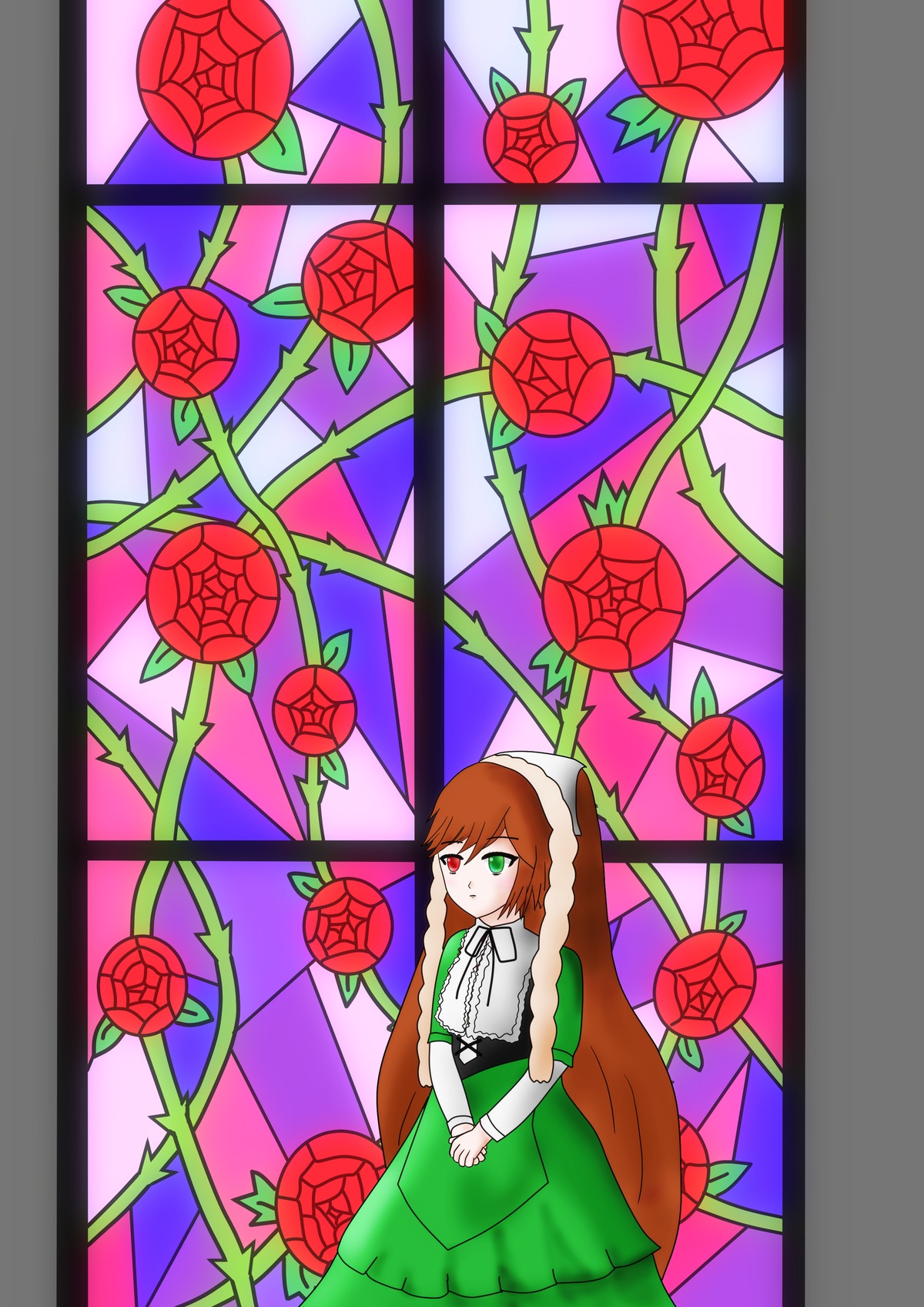 1girl brown_hair dress flower green_eyes heterochromia image long_hair plant red_eyes red_flower red_rose rose solo souseiseki suiseiseki thorns vines watering_can