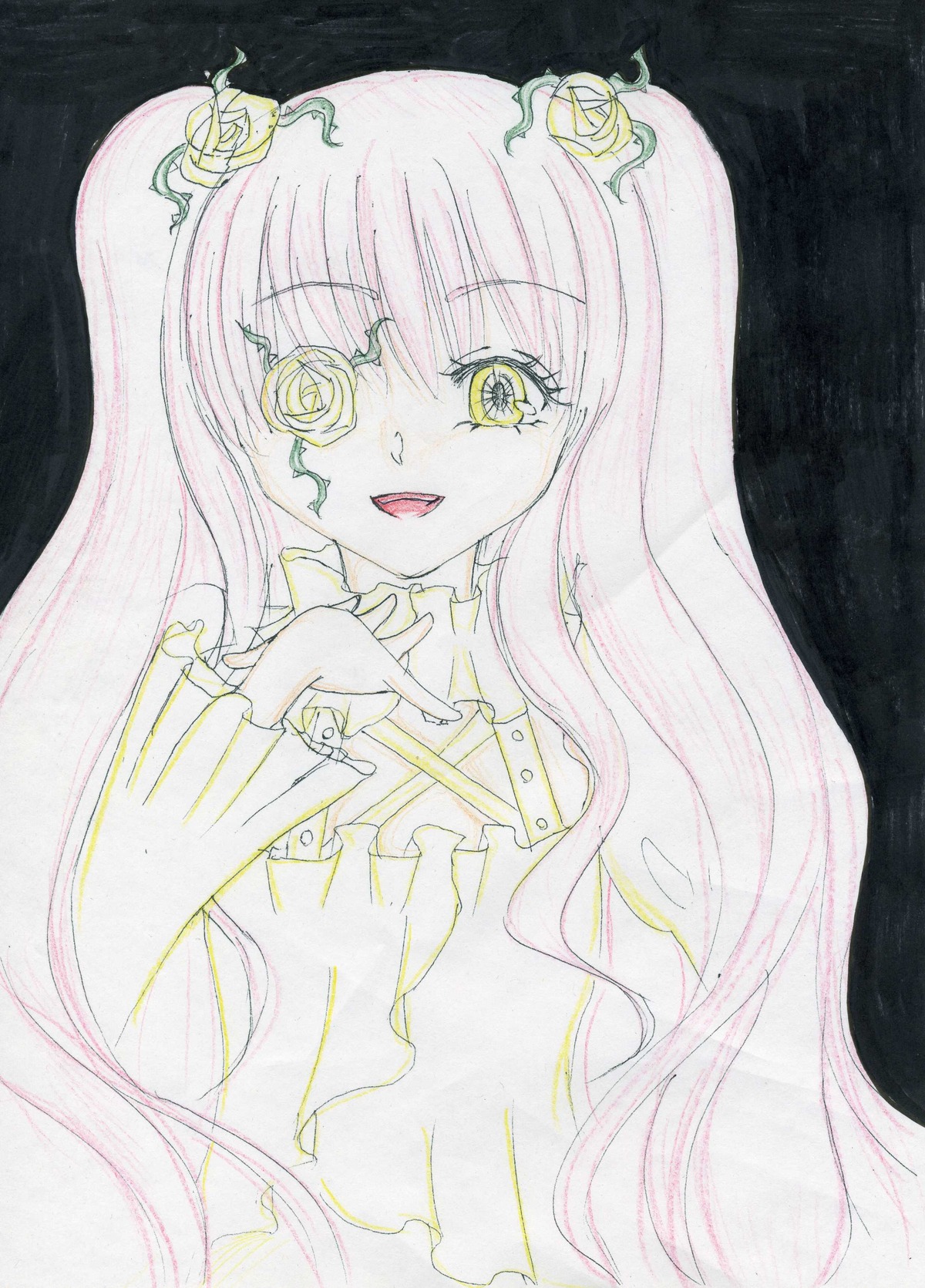 1girl colored_pencil_(medium) dress eyepatch flower hair_flower hair_ornament image kirakishou long_hair marker_(medium) pink_hair rose smile solo traditional_media twintails watercolor_(medium)