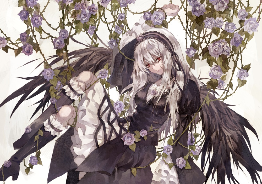 1girl arm_up black_rose black_wings bonnet boots commentary_request dress flower gothic_lolita hairband image knee_boots kneehighs lolita_fashion long_hair parted_lips pink_rose plant purple_flower purple_rose red_eyes rose rozen_maiden silver_hair sitting solo suigintou thorns tsukioka_tsukiho vines white_background white_rose wings