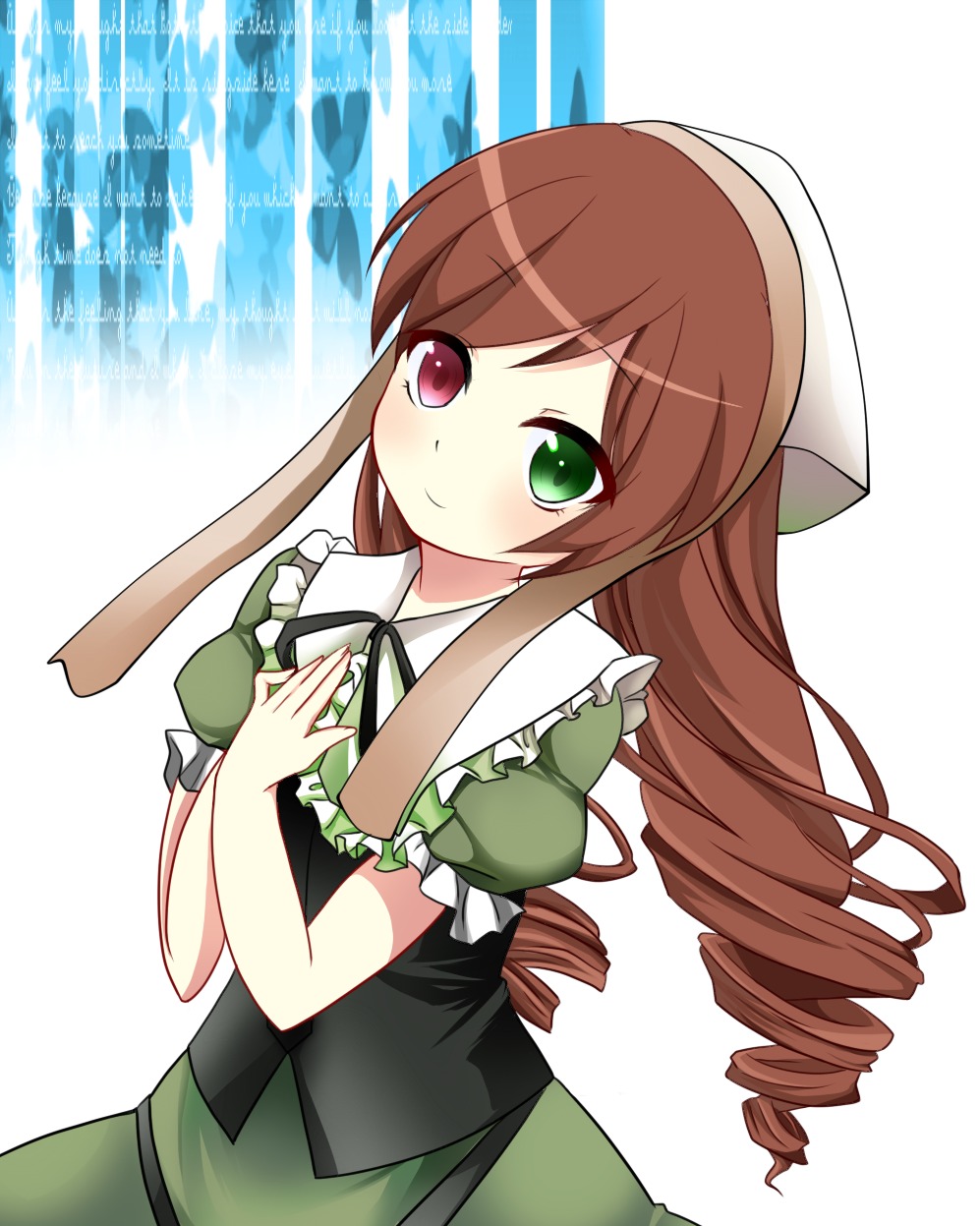 1girl brown_hair dress drill_hair frills green_dress green_eyes head_scarf heterochromia image long_hair looking_at_viewer red_eyes short_sleeves smile solo striped striped_background suiseiseki twin_drills very_long_hair