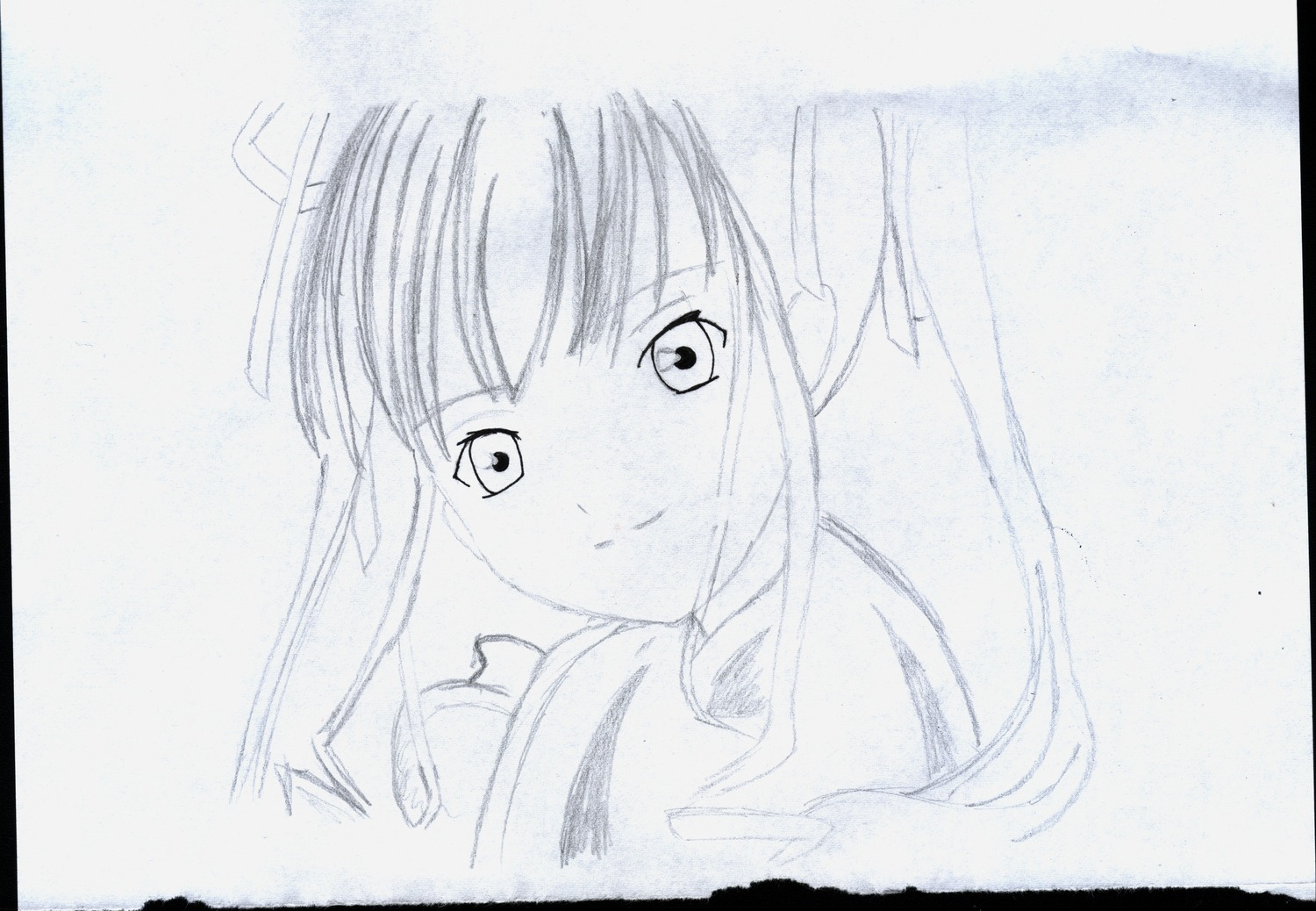 1girl black_border border close-up face greyscale hair_ribbon image letterboxed looking_at_viewer monochrome ribbon shinku simple_background sketch smile solo upper_body white_background